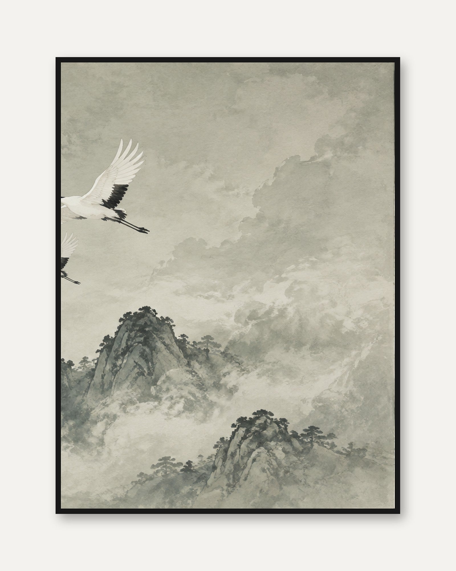 Japanese Cranes in Misty Mountains: Traditional Ink Wash Art Print - framed