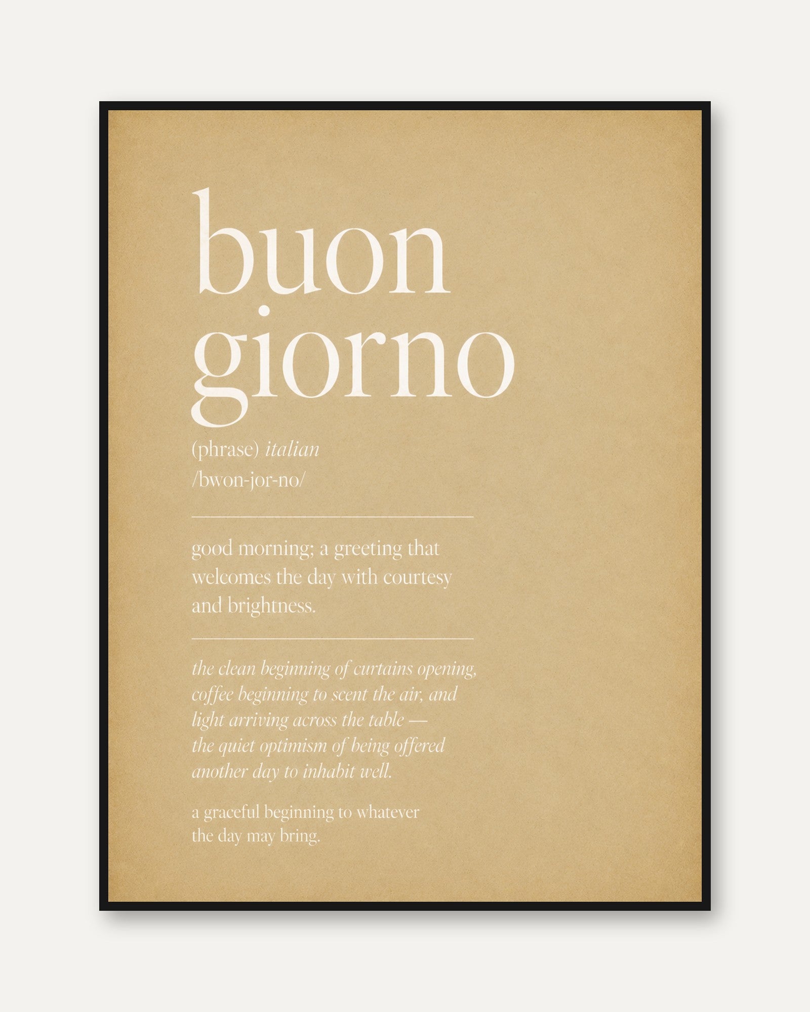 Buon Giorno Typography Print: Italian Phrase Art (Minimalist Design) - framed