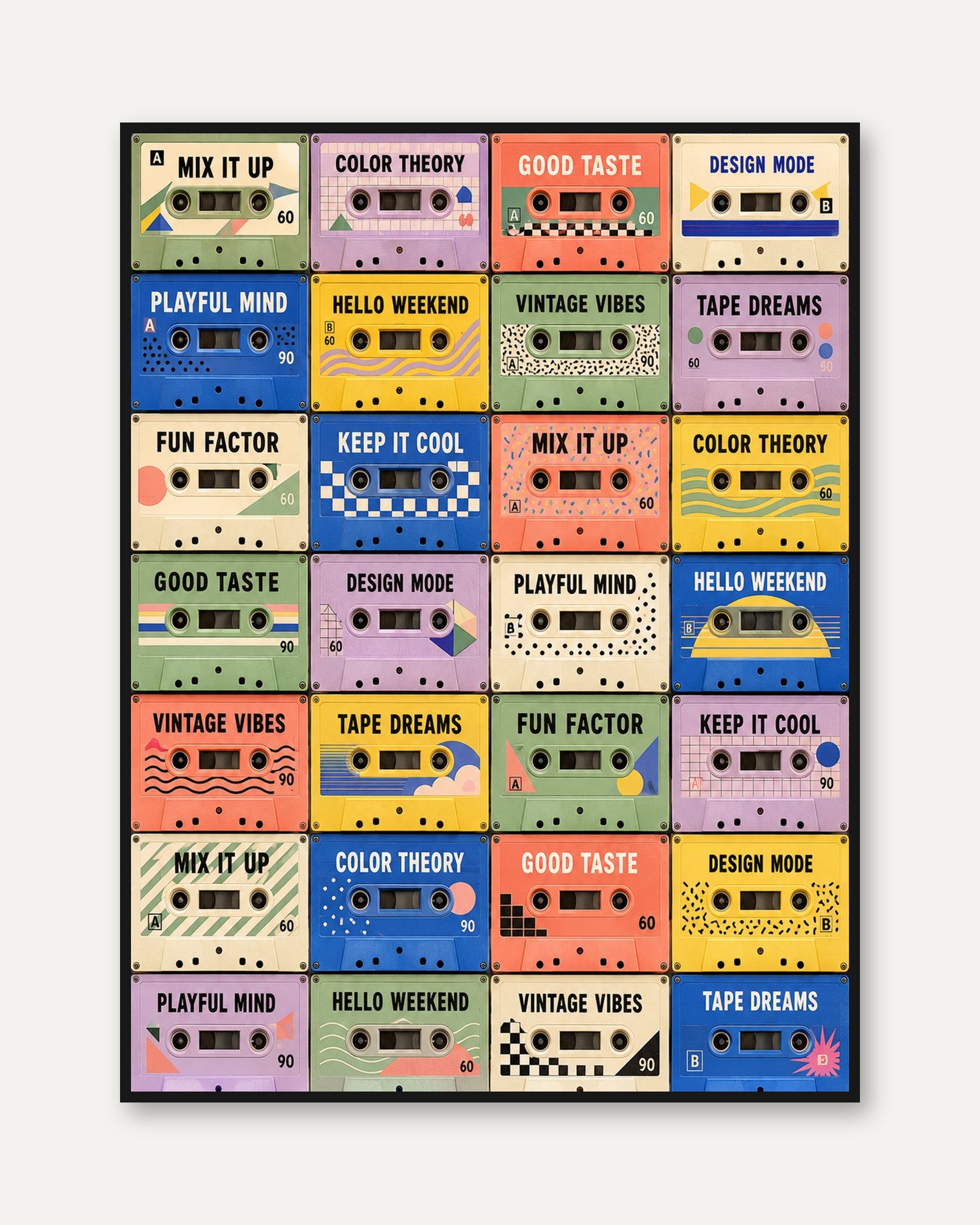 90s Retro Cassette Print – Colorful Grid - framed