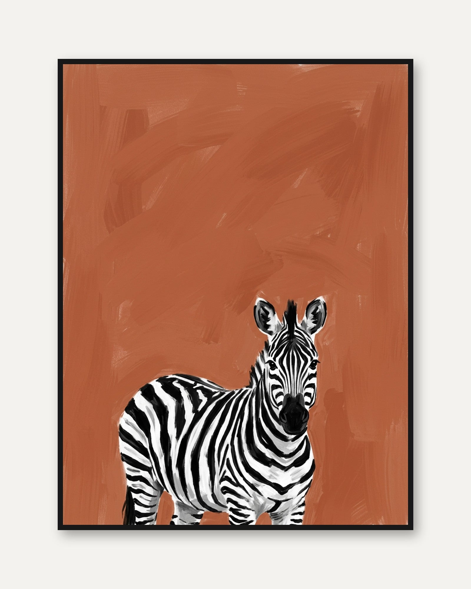 Zebra Portrait Print – Terracotta Background - framed