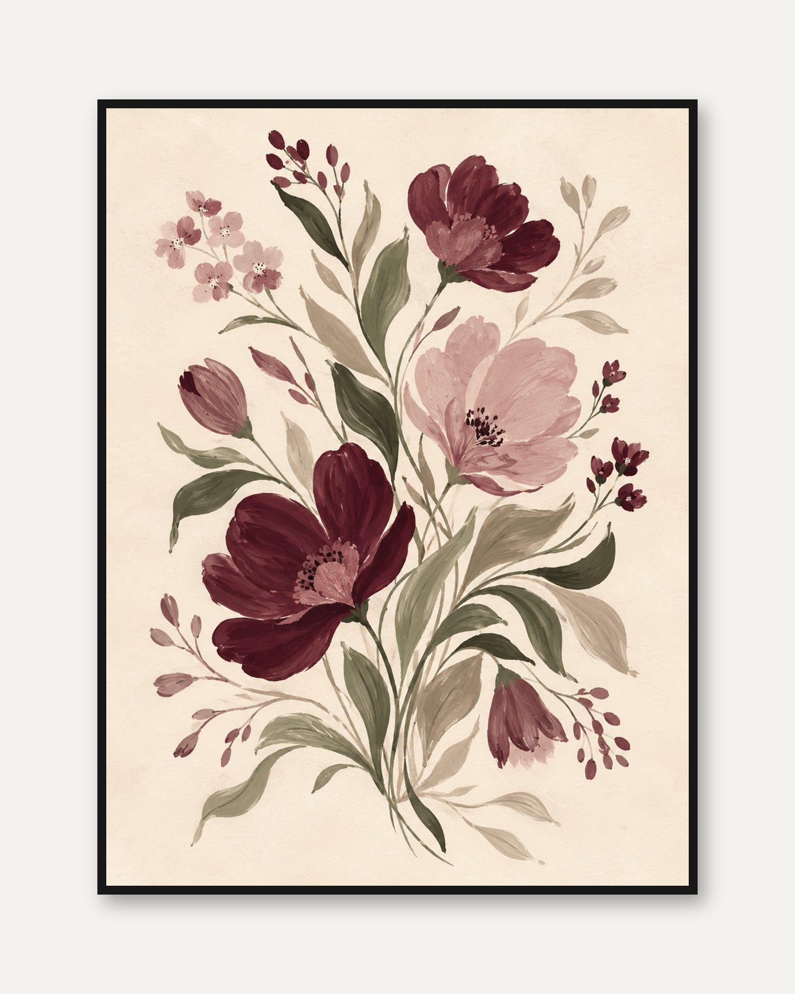 Burgundy Floral Botanical Print: Vintage Watercolor Wall Art - framed