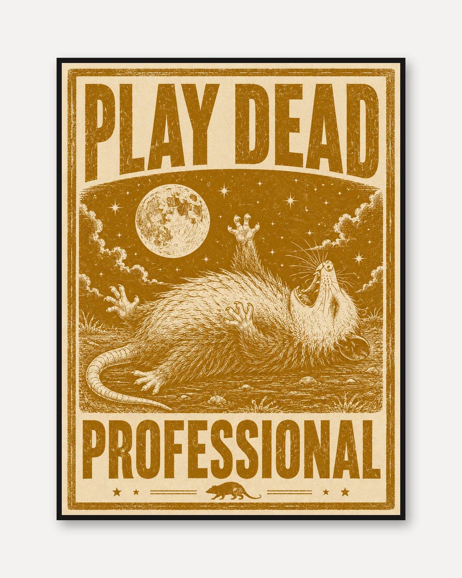 Play Dead Opossum Print: Vintage Animal Art (Mustard Gold Palette) - framed