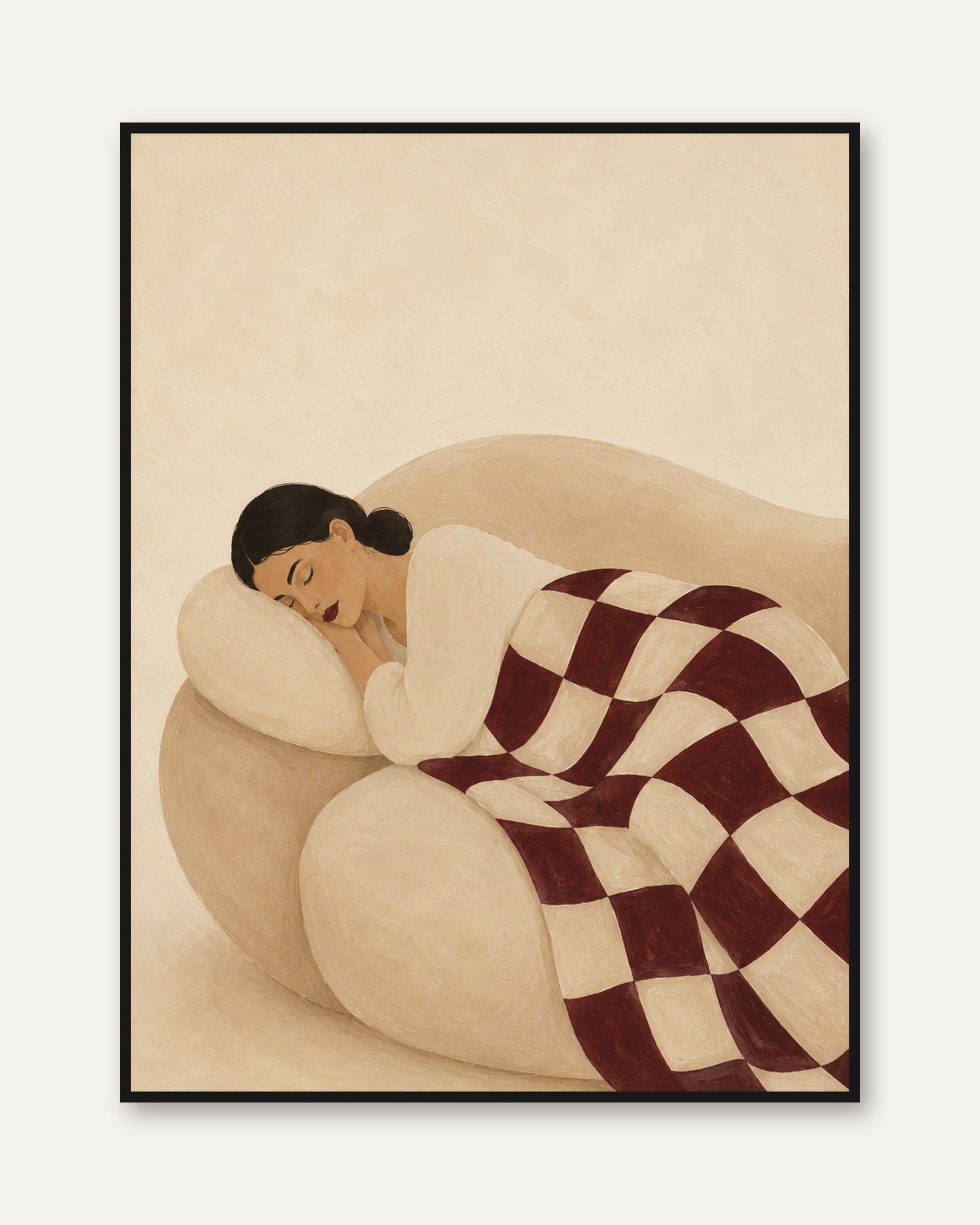 Resting Woman Art Print: Minimalist Beige and Burgundy Figurative - framed