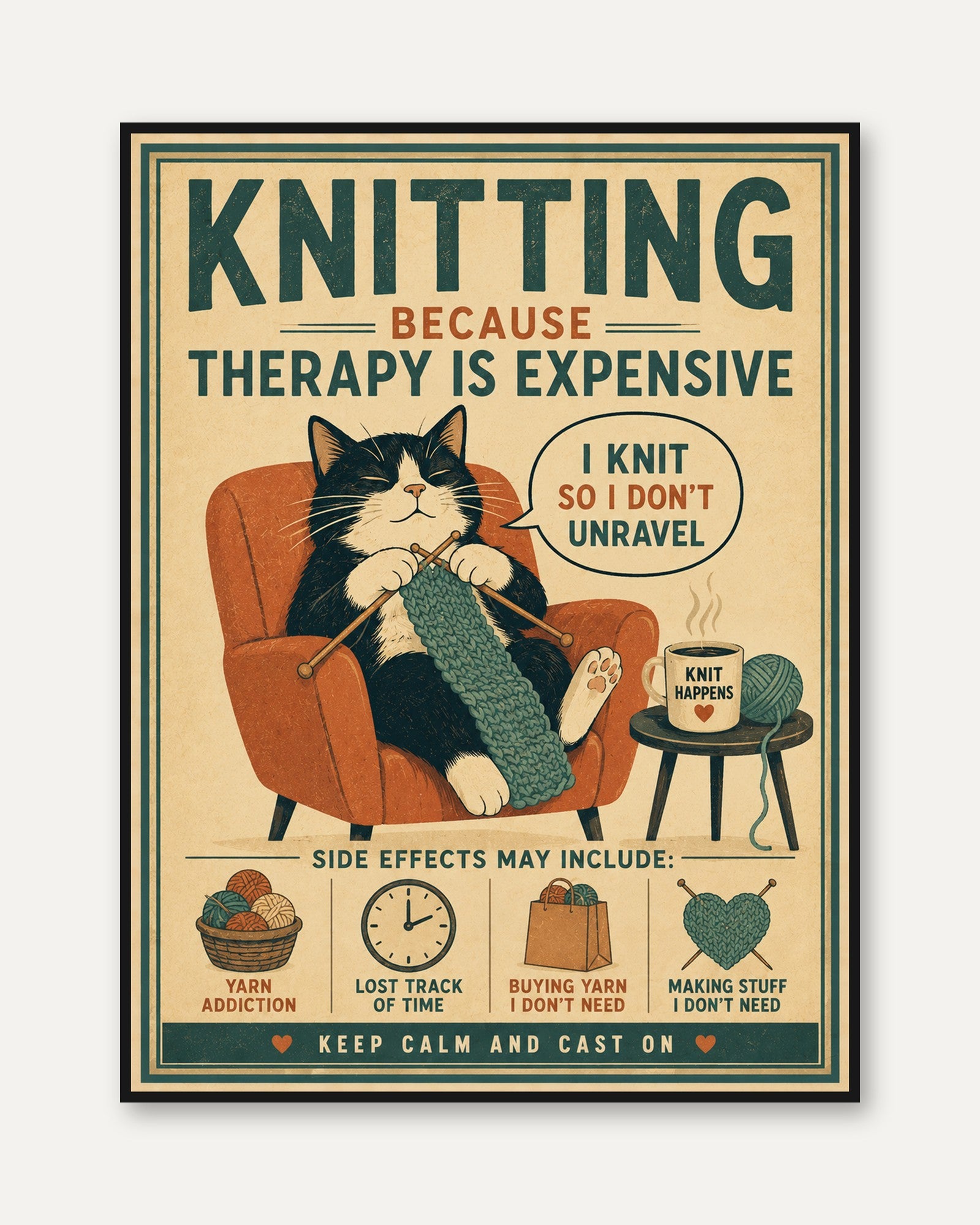 Knitting Wall Art – Funny Cat Print - framed
