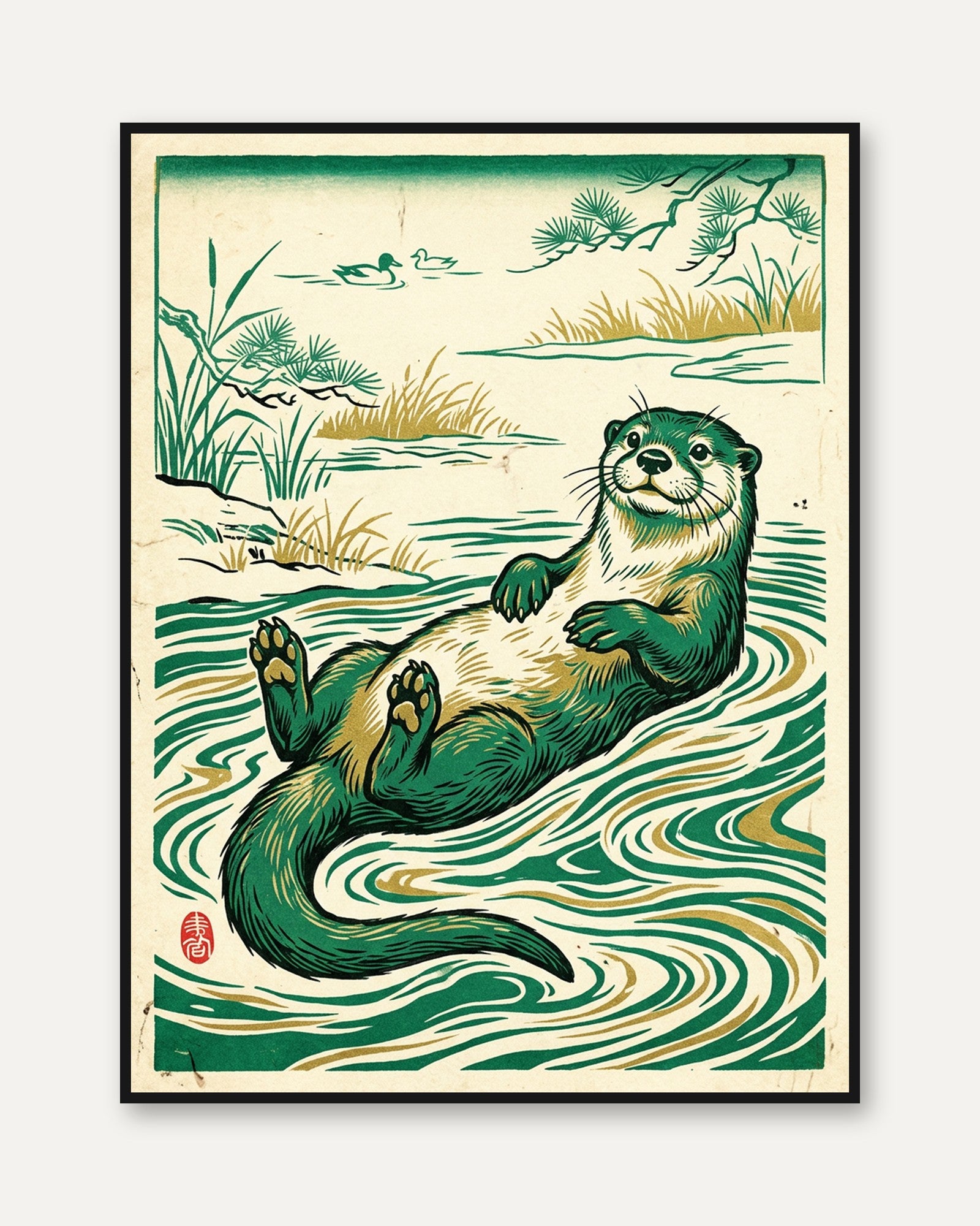 Otter Print — Japanese Woodblock Style - framed