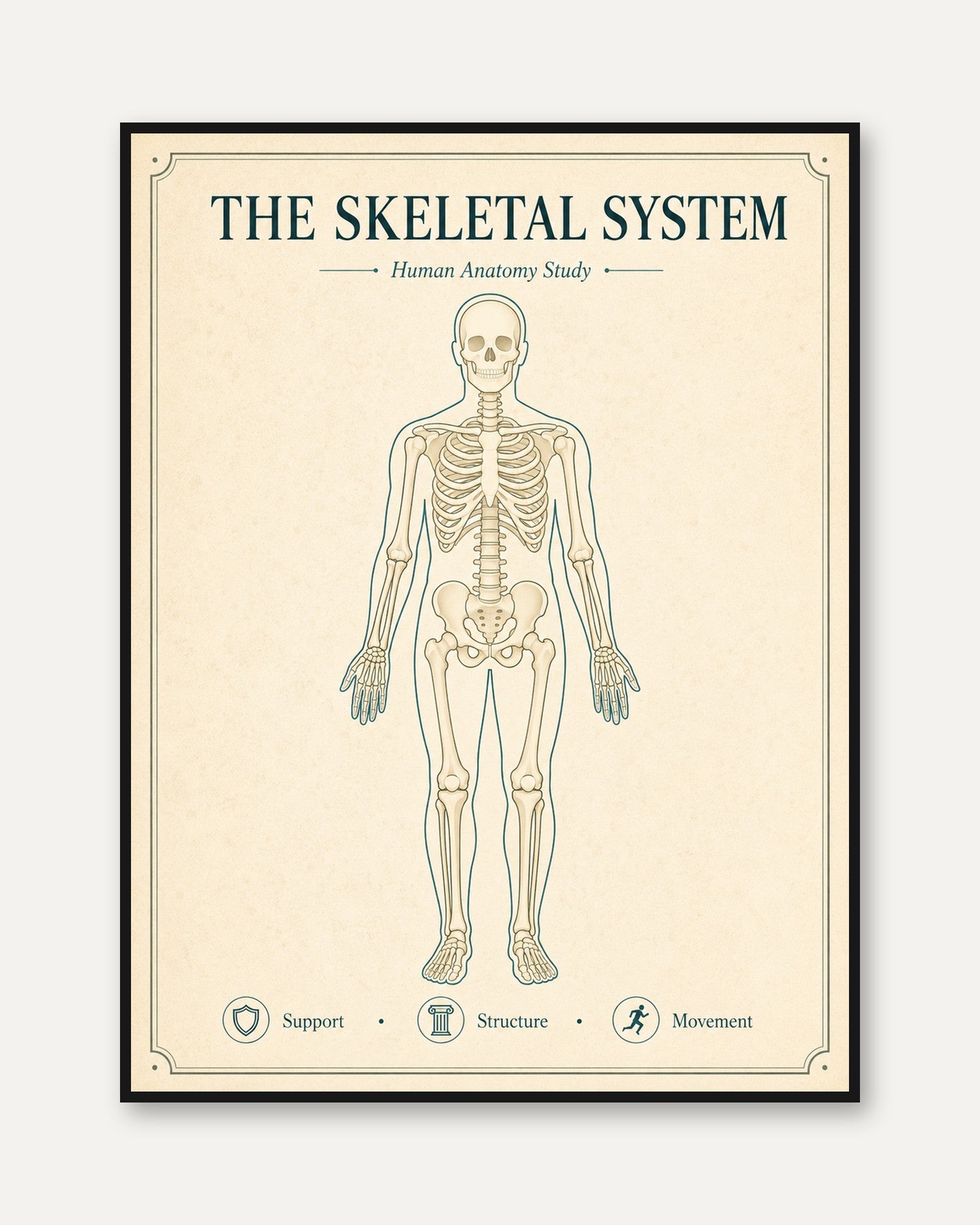 Skeletal System Anatomy Print — Vintage Medical Illustration - framed