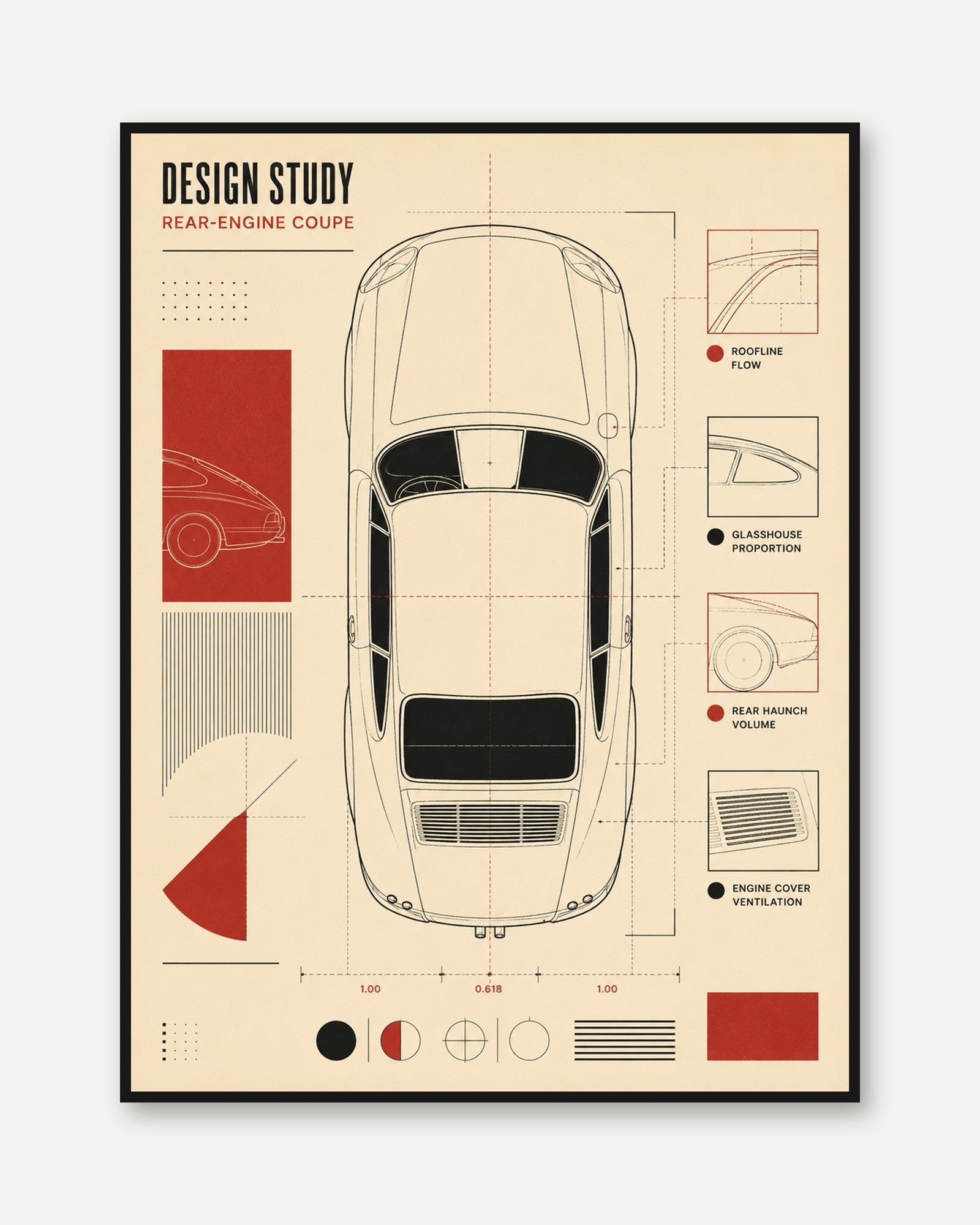 Rear-Engine Coupe Blueprint Print: Vintage Automotive Wall Art - framed