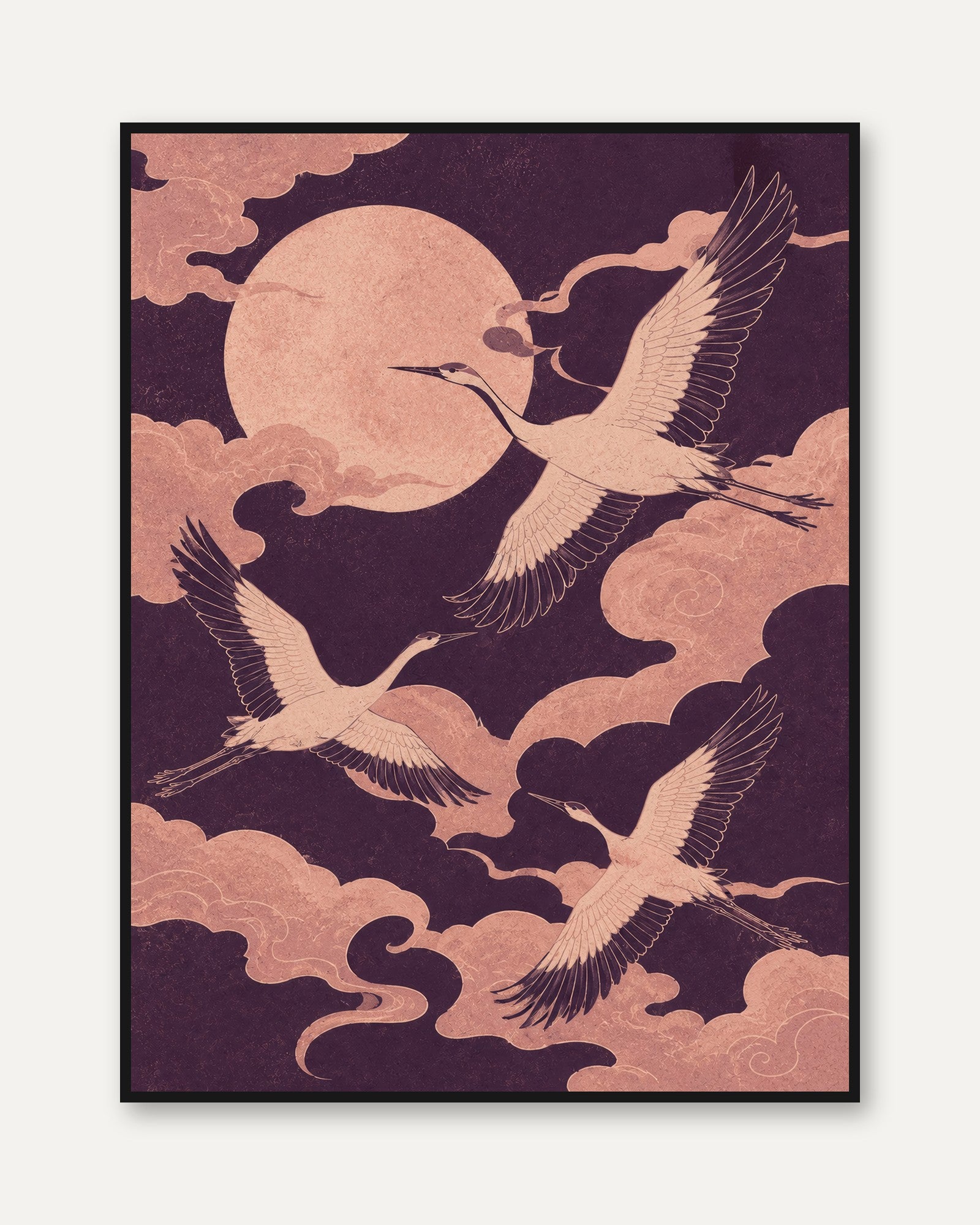 Japanese Crane Art Print: Moon & Cloud Design in Pink and Purple - framed