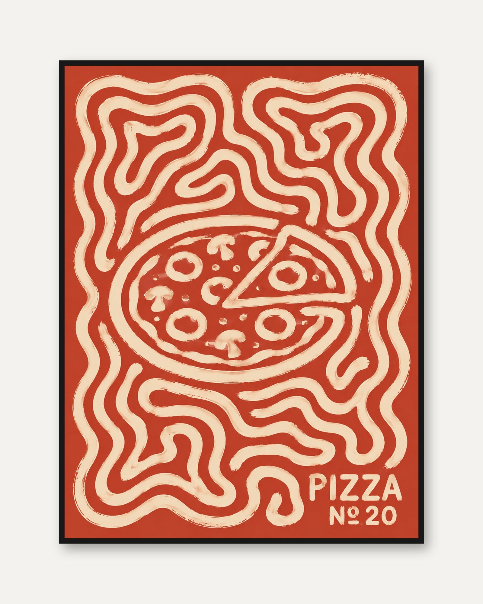 Pizza Art Print: Retro Groovy Red and Cream Poster Design - framed