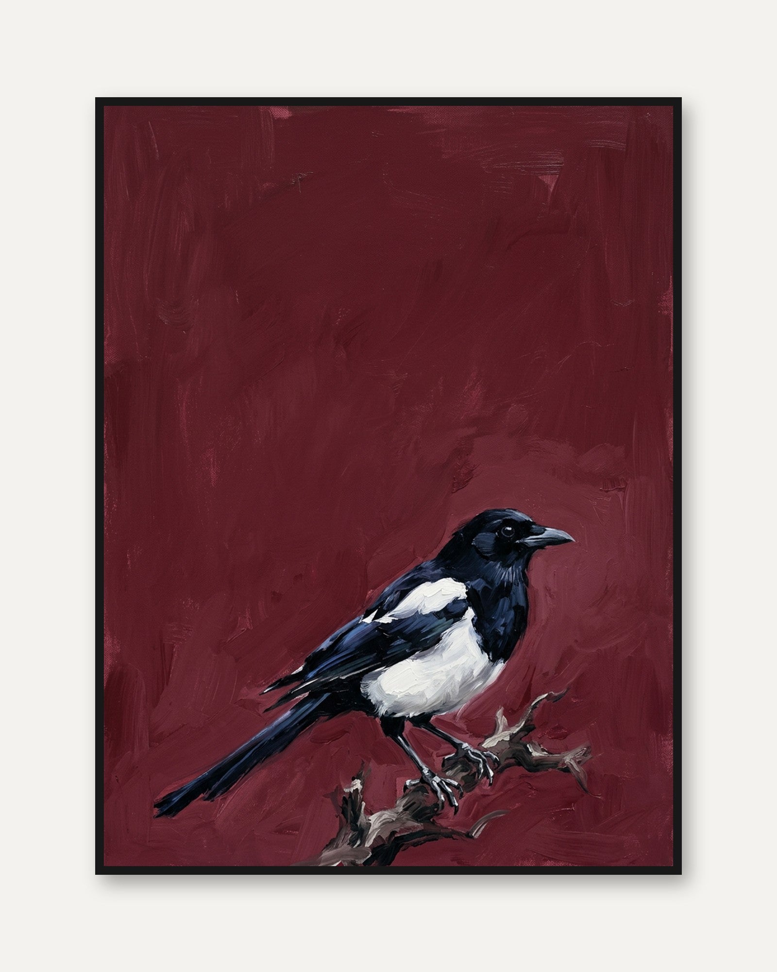 Magpie Bird Print — Realistic Oil Painting Style - framed