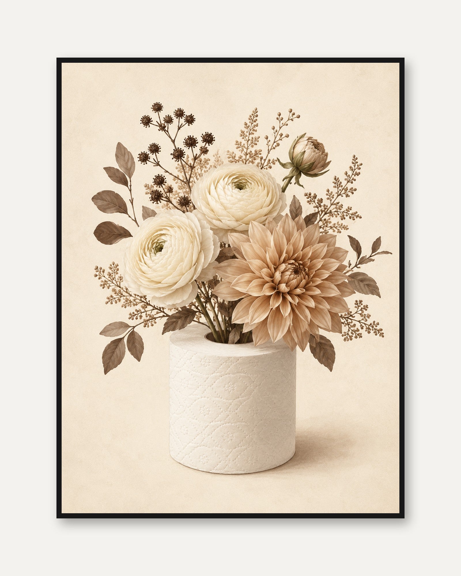 Neutral Floral Arrangement Art Print: Beige Dahlia and Ranunculus - framed