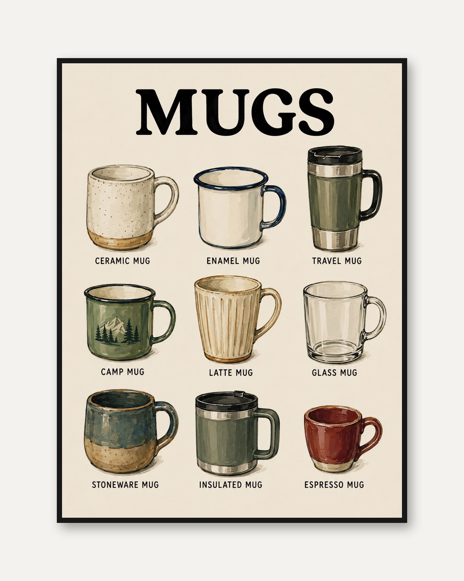 Coffee Mug Types Print — Educational Chart Illustration - framed
