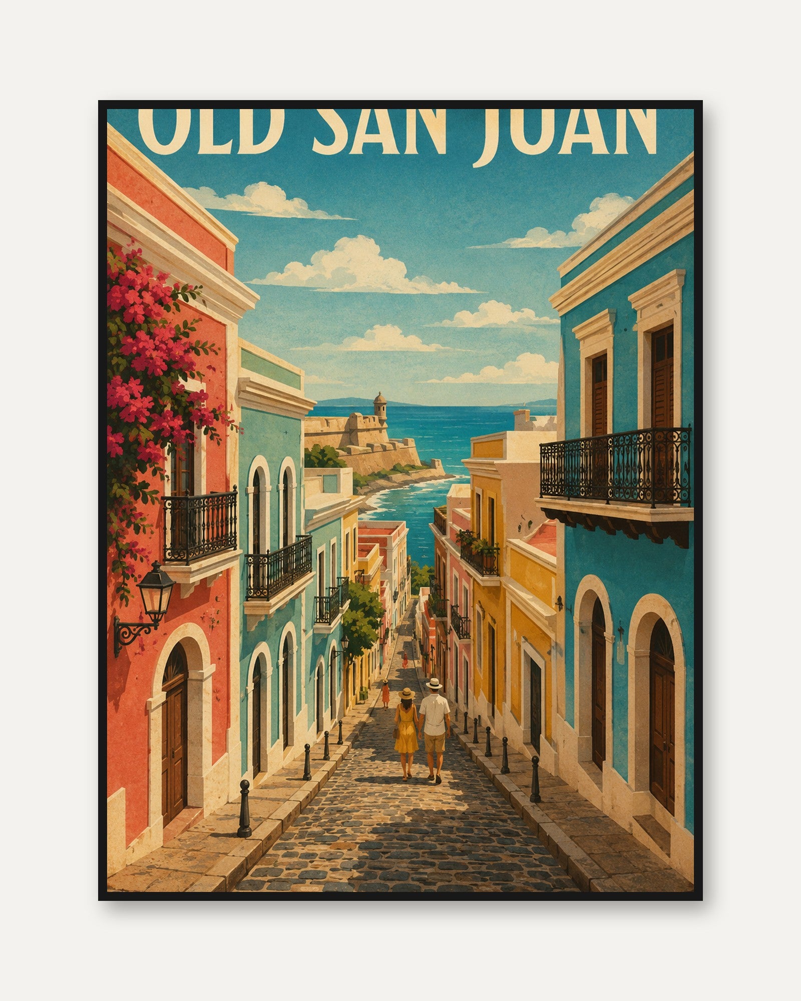 Old San Juan Travel Poster: Vintage Caribbean Street Art Print - framed
