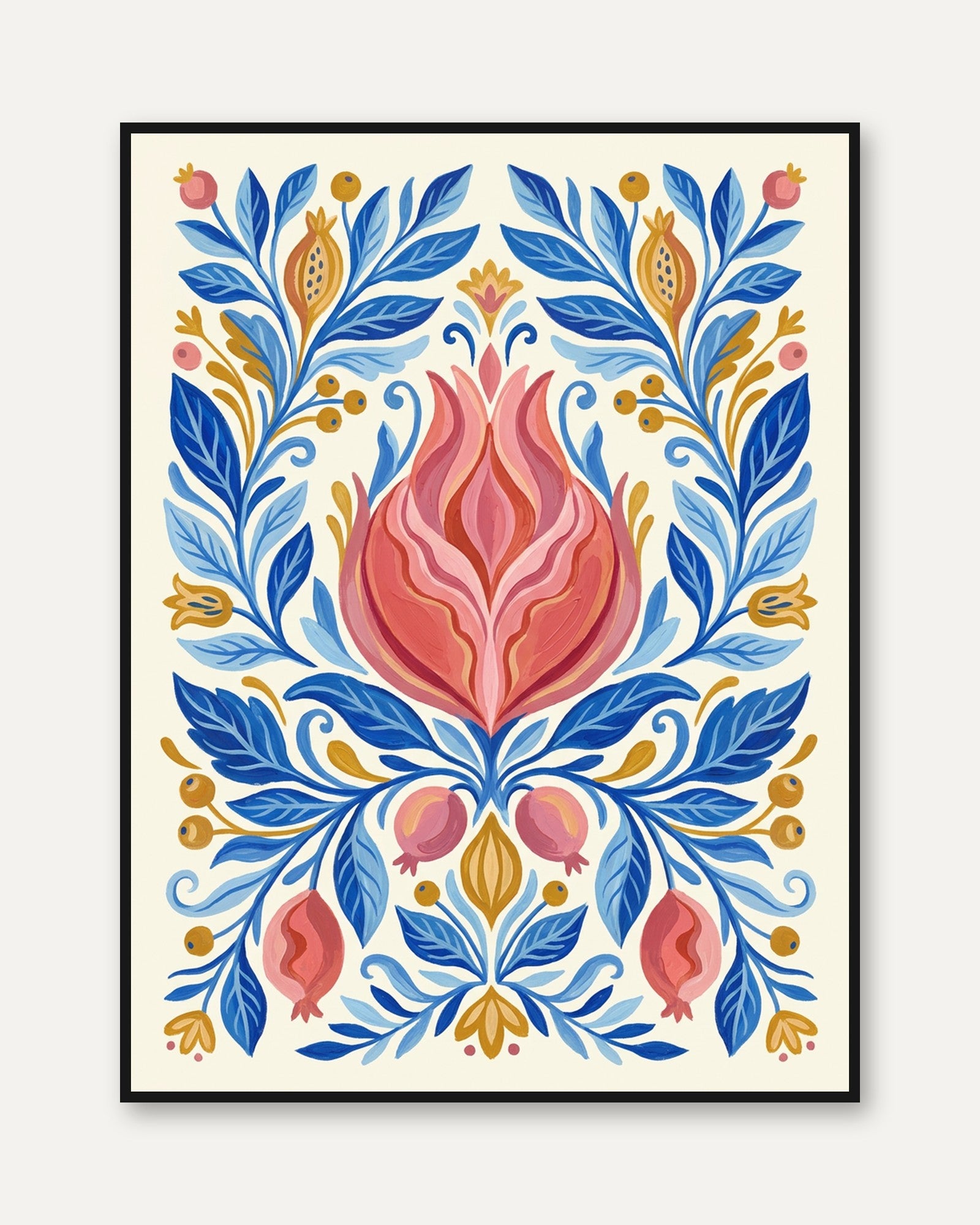 Folk Art Floral Print — Symmetrical Botanical Illustration - framed