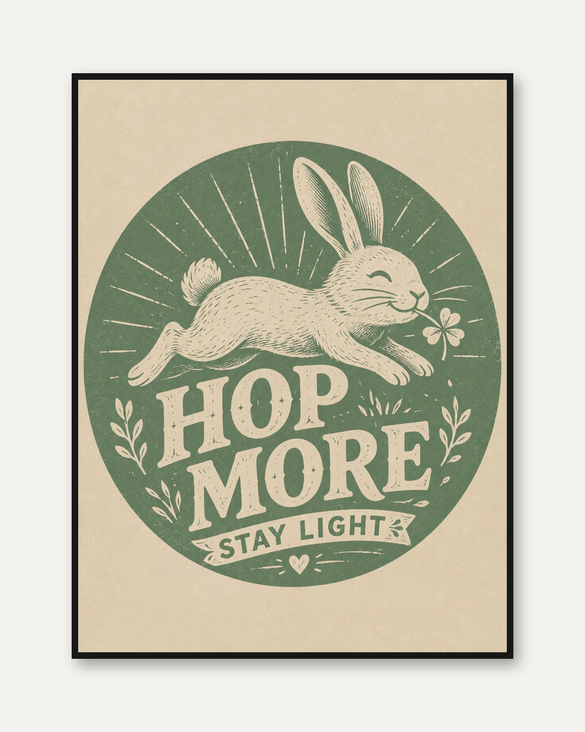 Hop More Stay Light Rabbit Print: Vintage Letterpress Poster - framed