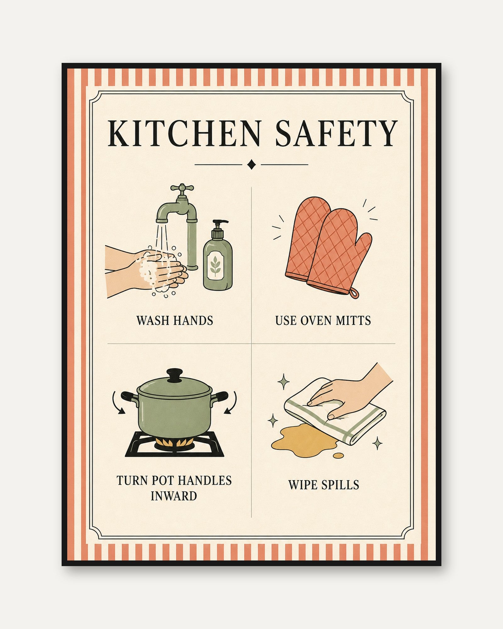 Kitchen Safety Poster: Vintage Instructional Wall Art - framed