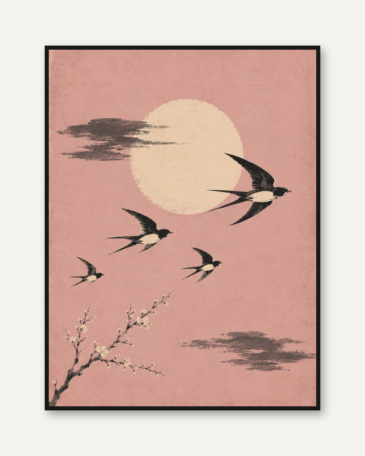 Cherry Blossom and Moon Swallow Print - framed