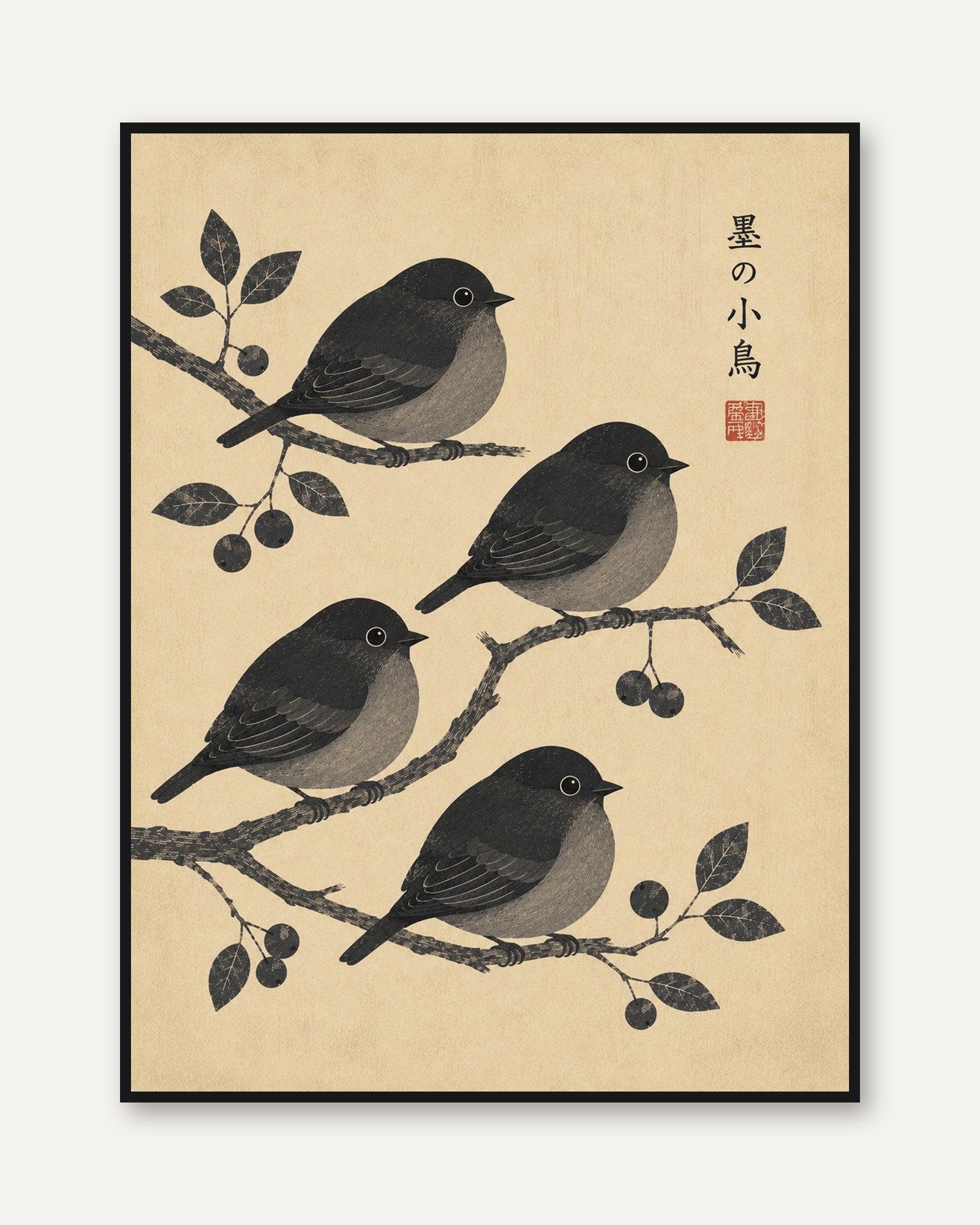 Japanese Birds on Branch Print: Traditional Ink Wash Artwork - framed