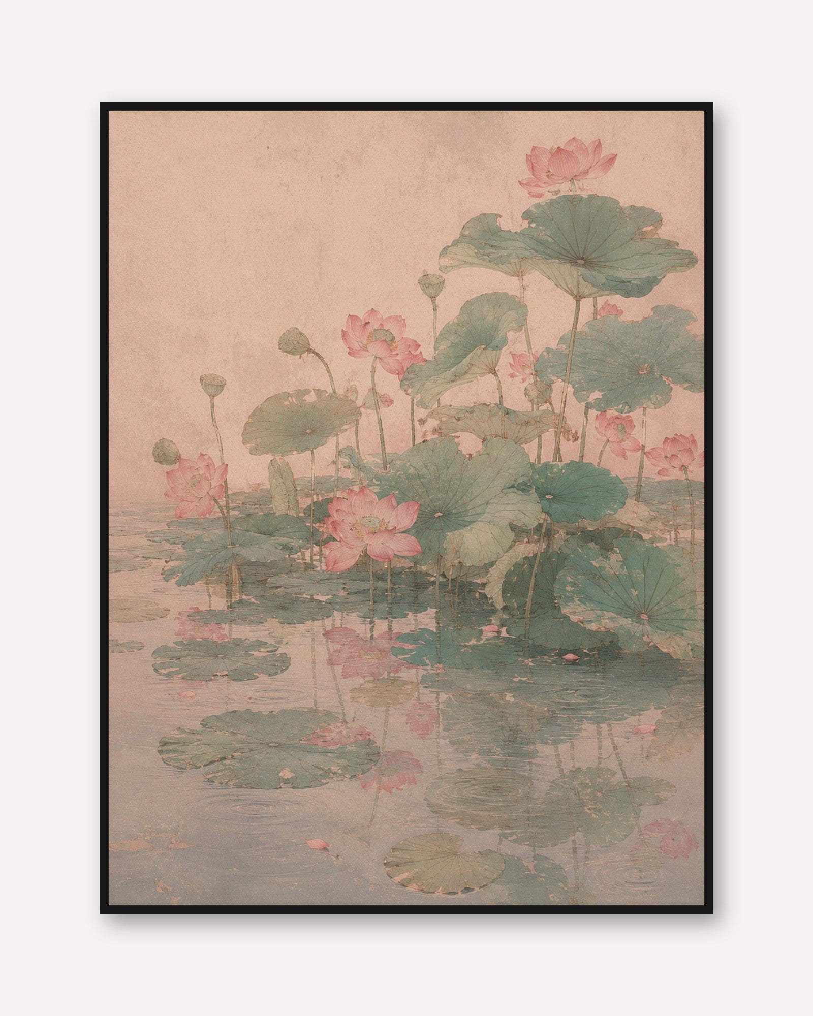 Lotus Flowers and Lily Pads: Traditional Asian Botanical Art Print - framed