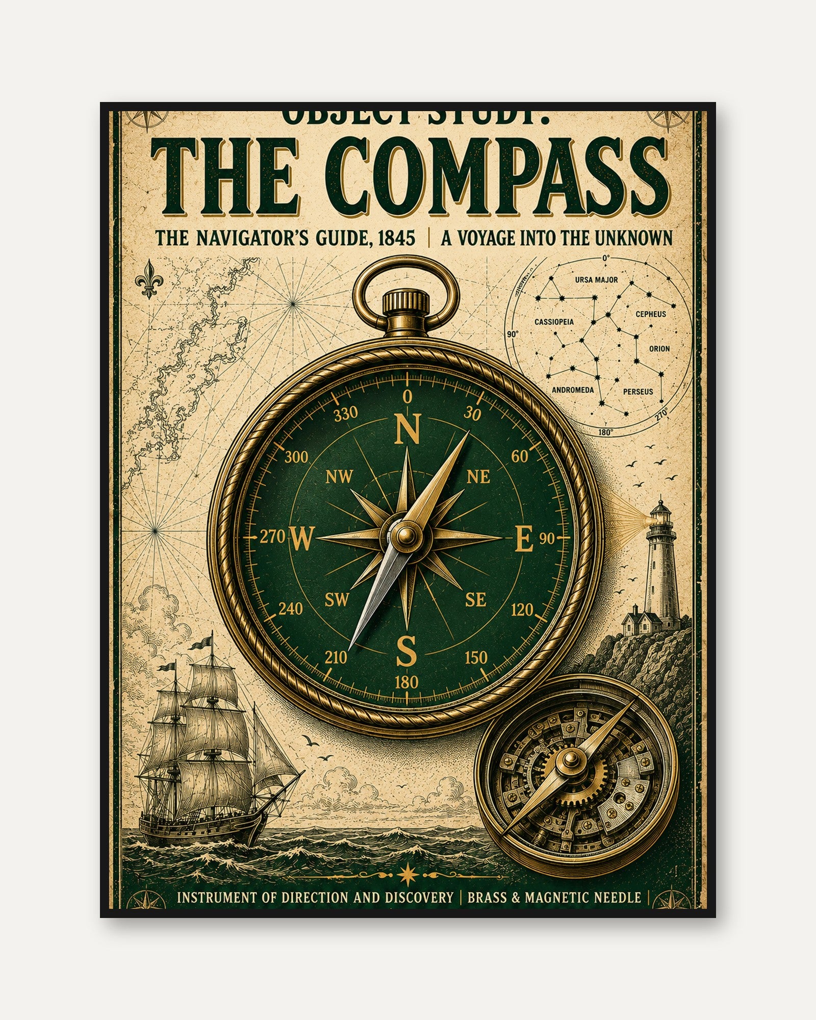 Vintage Compass Navigator Print: Nautical Navigation Wall Art - framed