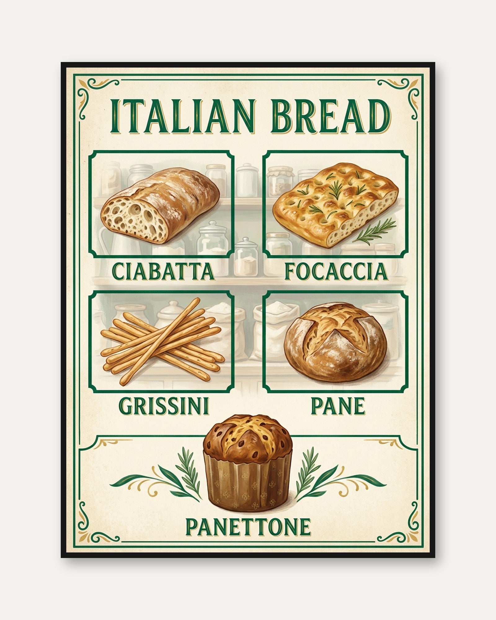 Italian Bread Poster — Vintage Bakery Illustration - framed
