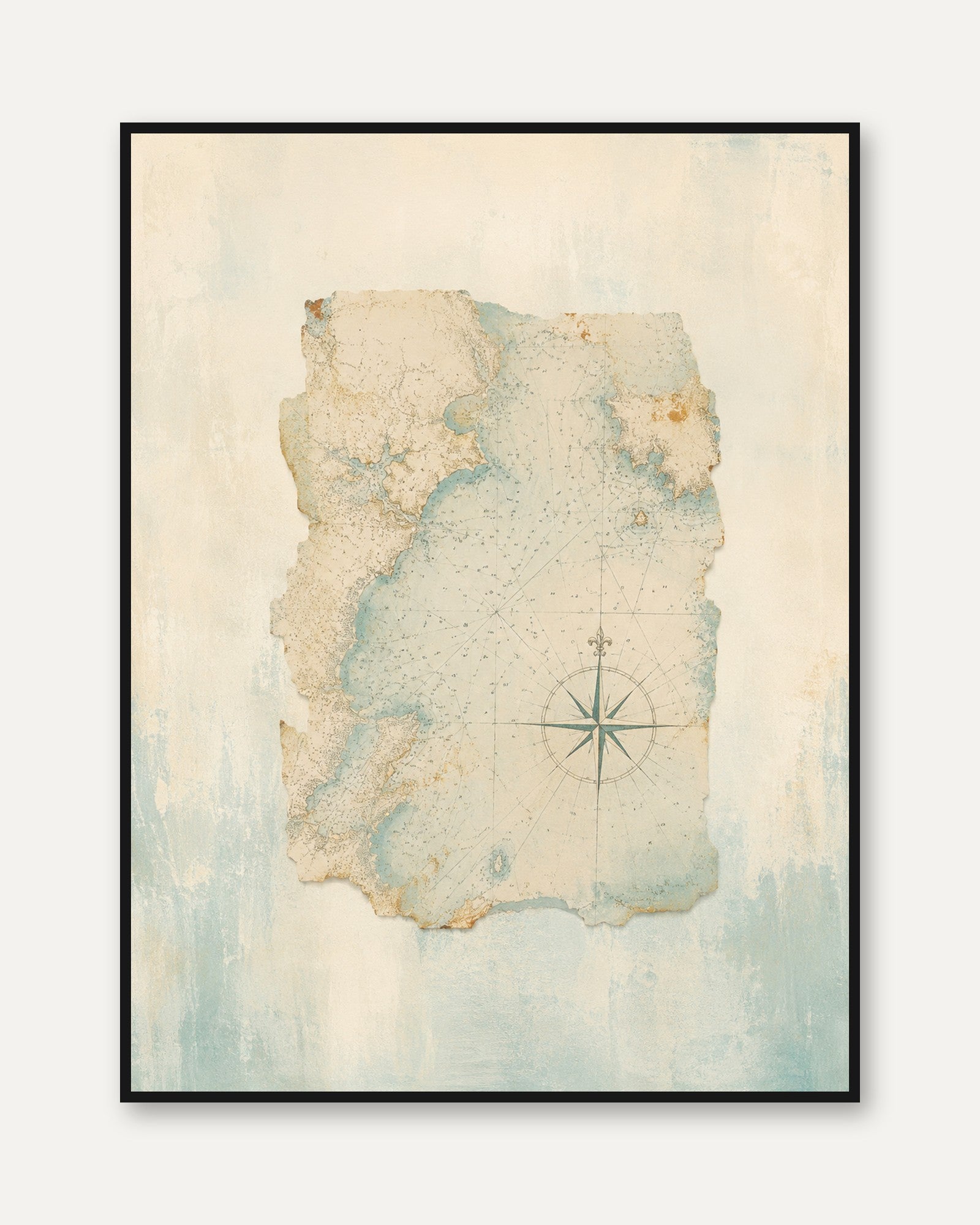 Vintage Nautical Map Wall Art: Weathered Compass Rose Print - framed