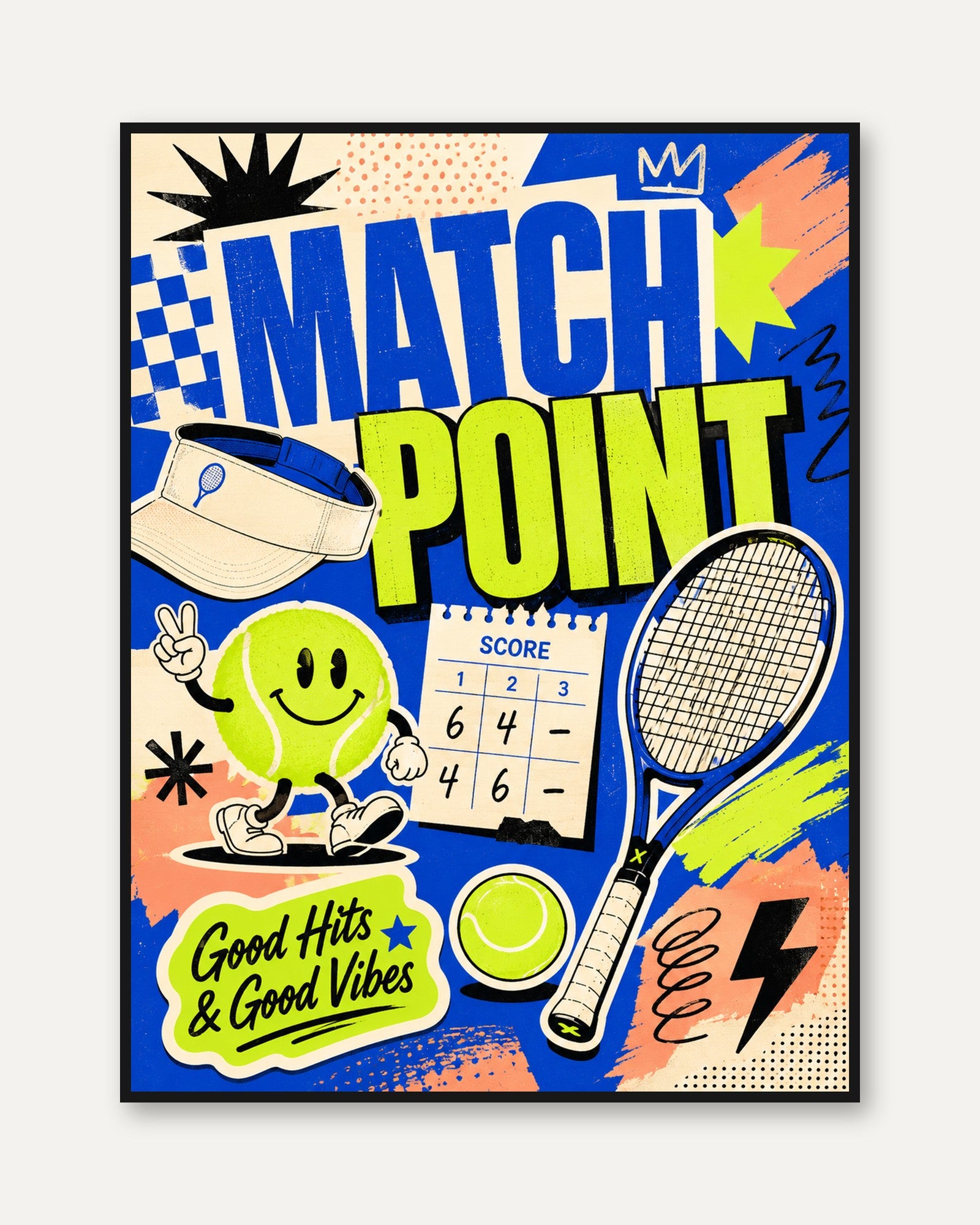 Match Point Tennis Print: Sports Wall Art (Neon Blue & Yellow) - framed