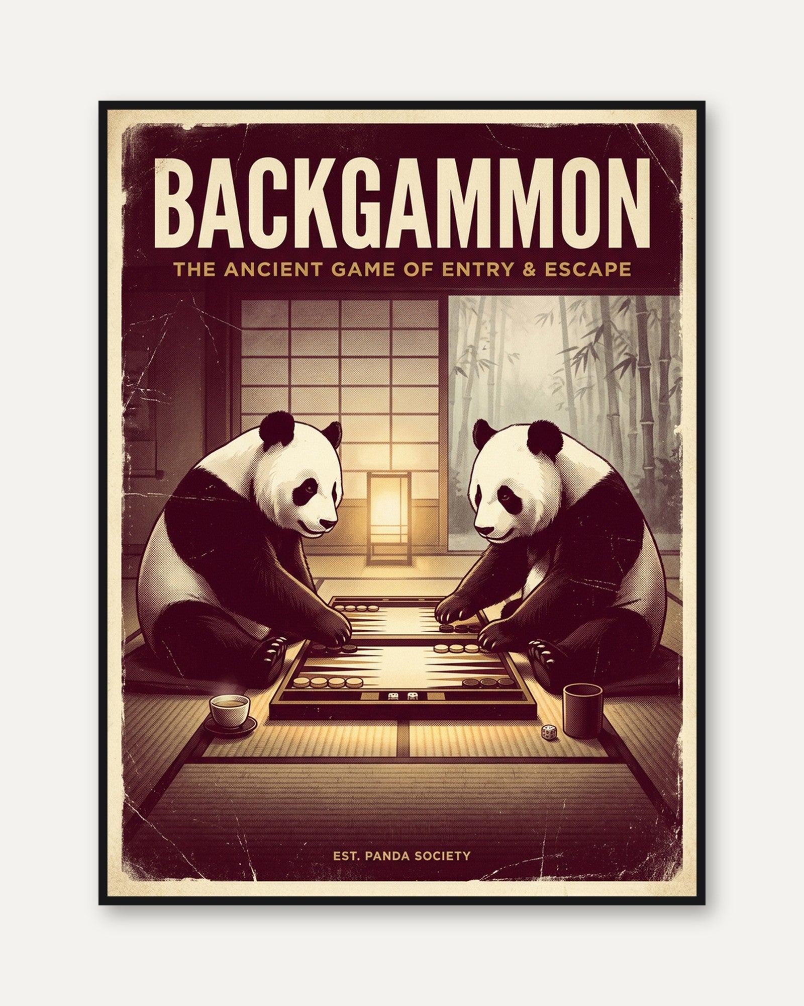 Backgammon Pandas Print: Vintage Japanese Game Room Poster - framed