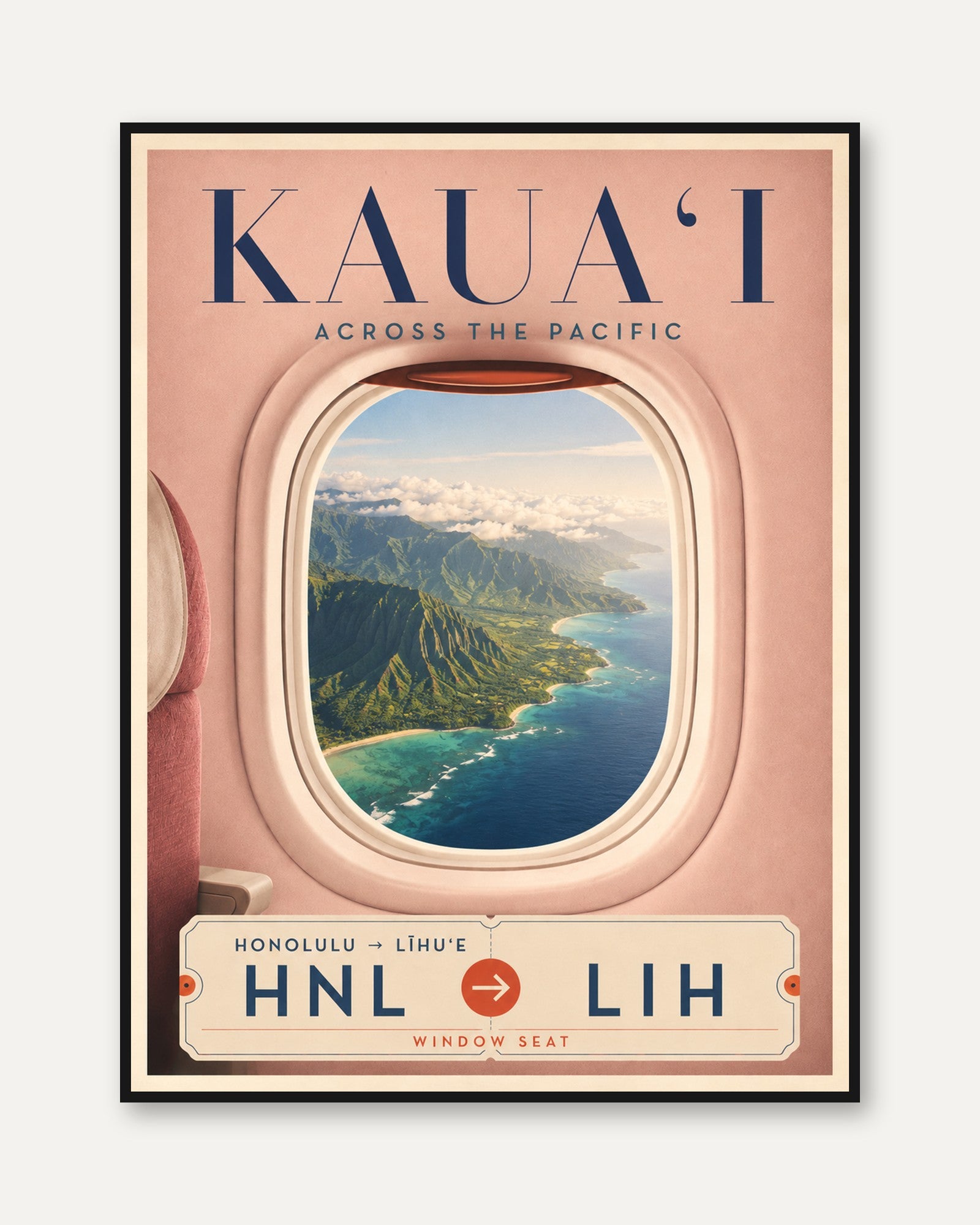 Hawaii Travel Poster – Kauai Airplane Window Art - framed