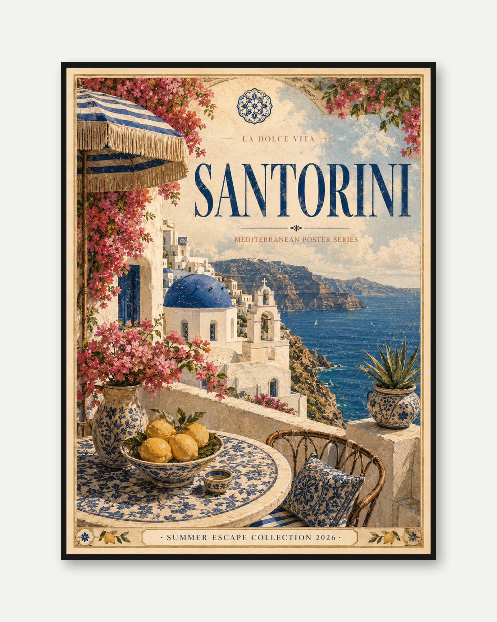 Santorini Travel Poster Print — Vintage Mediterranean Style - framed