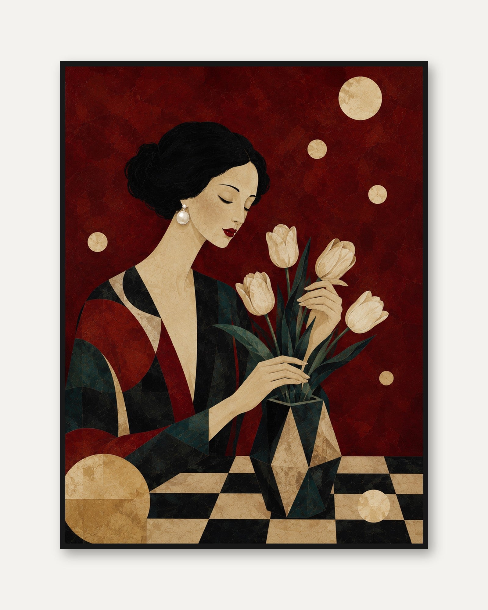Art Deco Woman Print – Elegant Floral Wall Art - framed