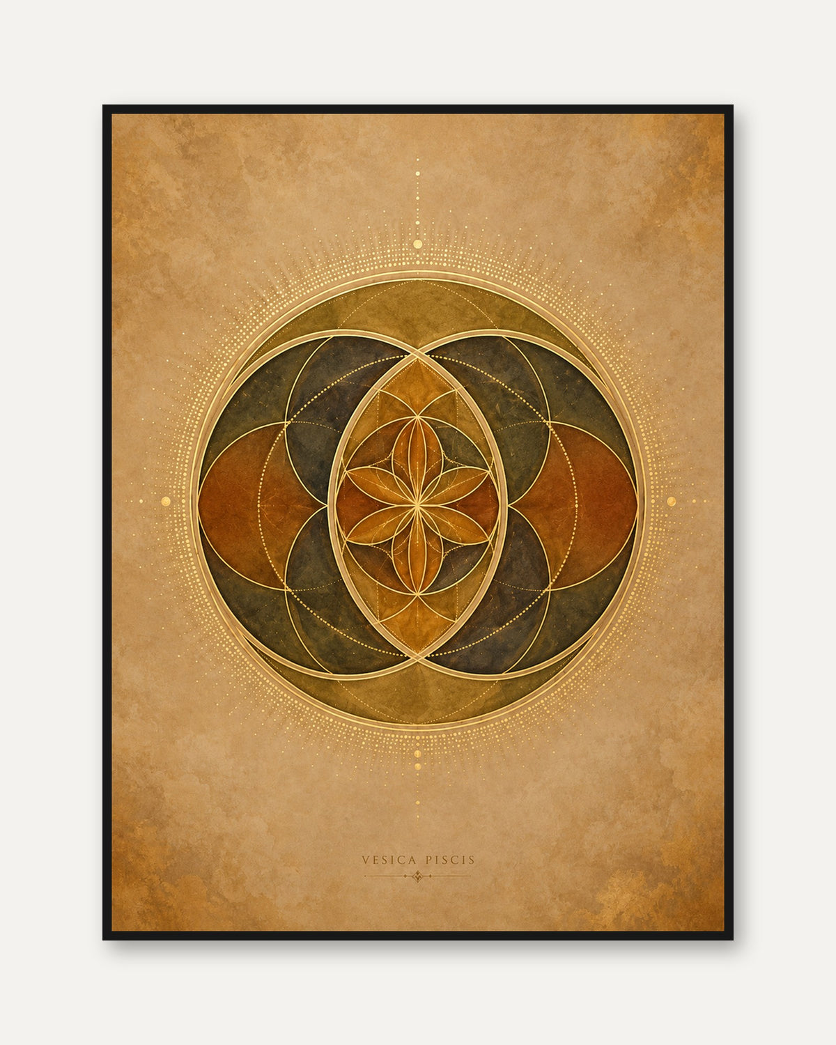 Vesica Piscis Sacred Geometry Art Print: Gold Brown Mandala - framed