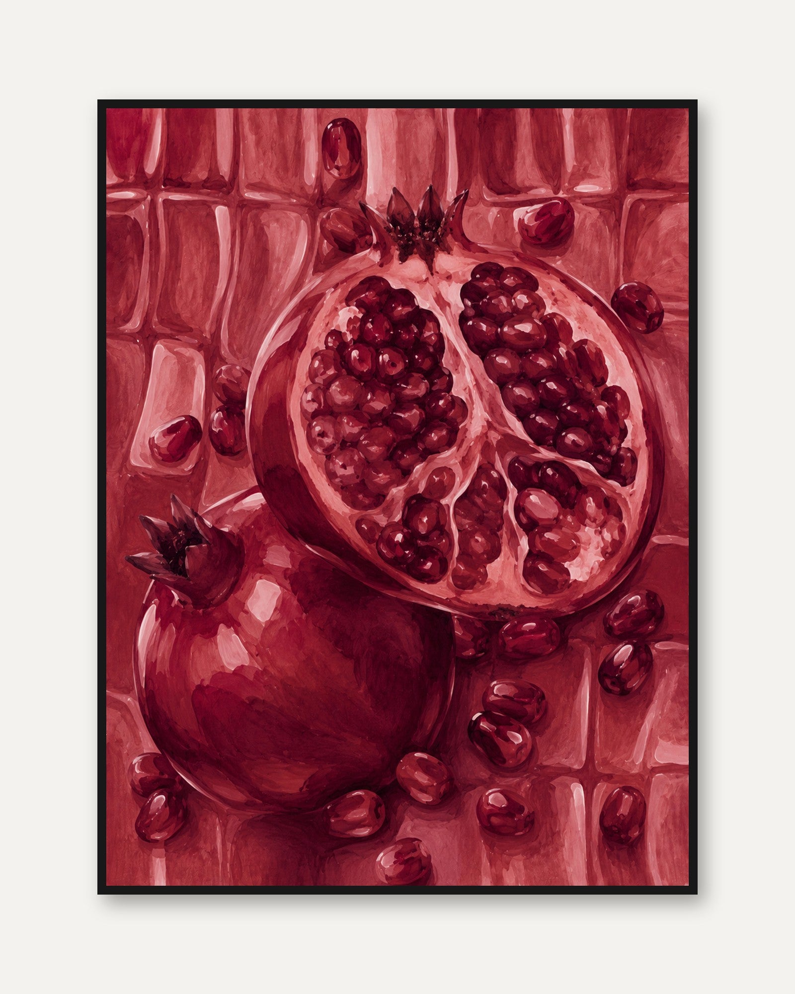 Red Pomegranate Still Life: Monochromatic Kitchen Wall Art - framed