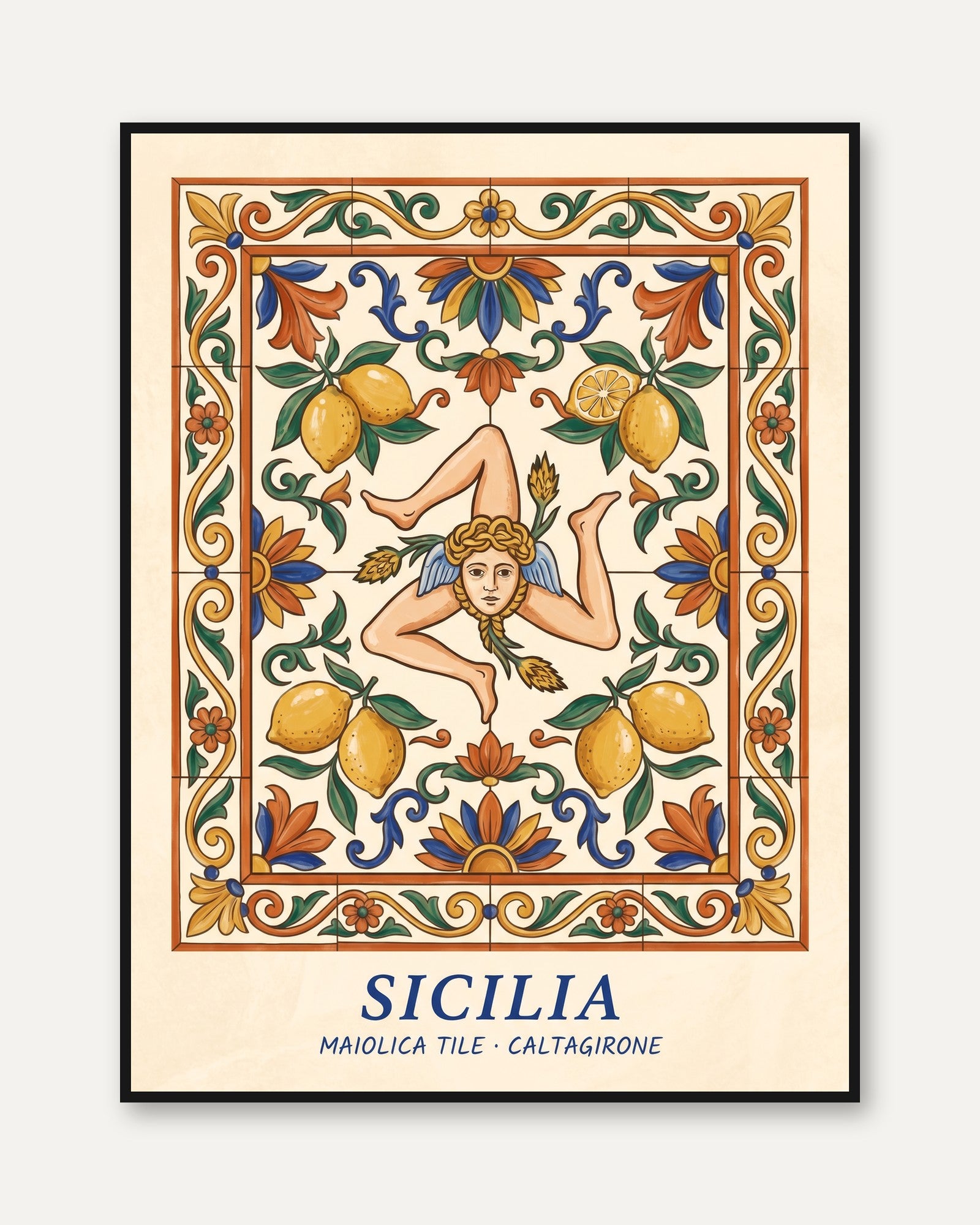 Sicilian Ceramic Tile Wall Art Print — Mediterranean Folk Design - framed