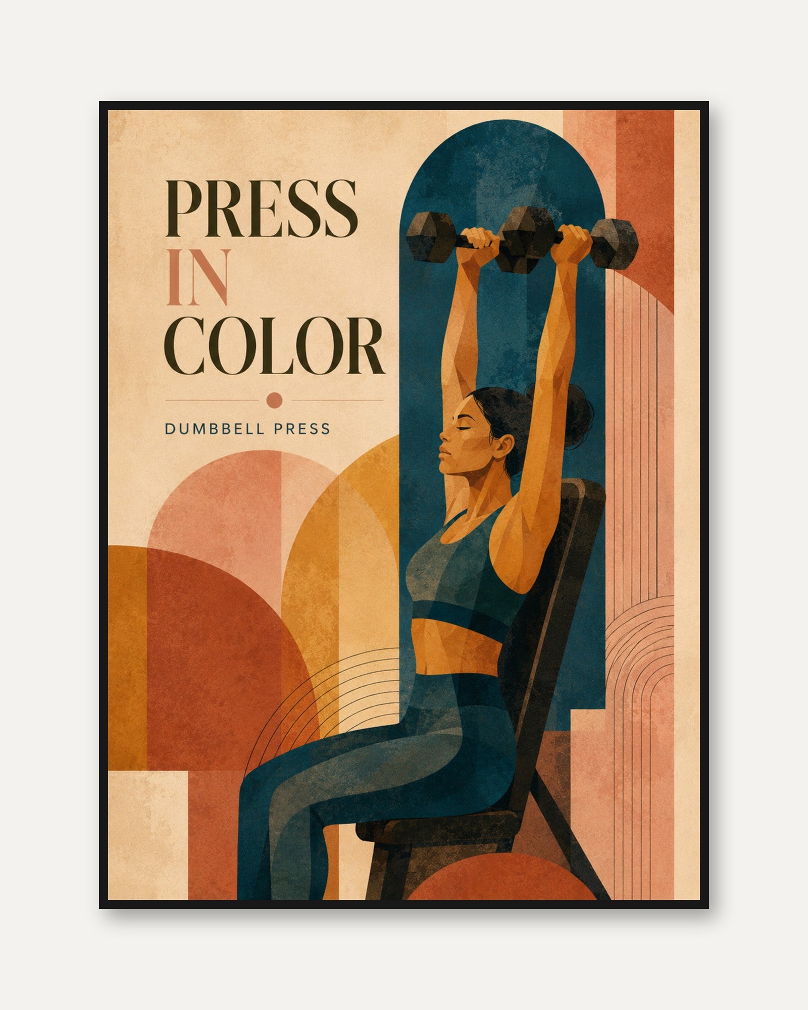 Dumbbell Press Fitness Poster: Art Deco Geometric Workout Print - framed