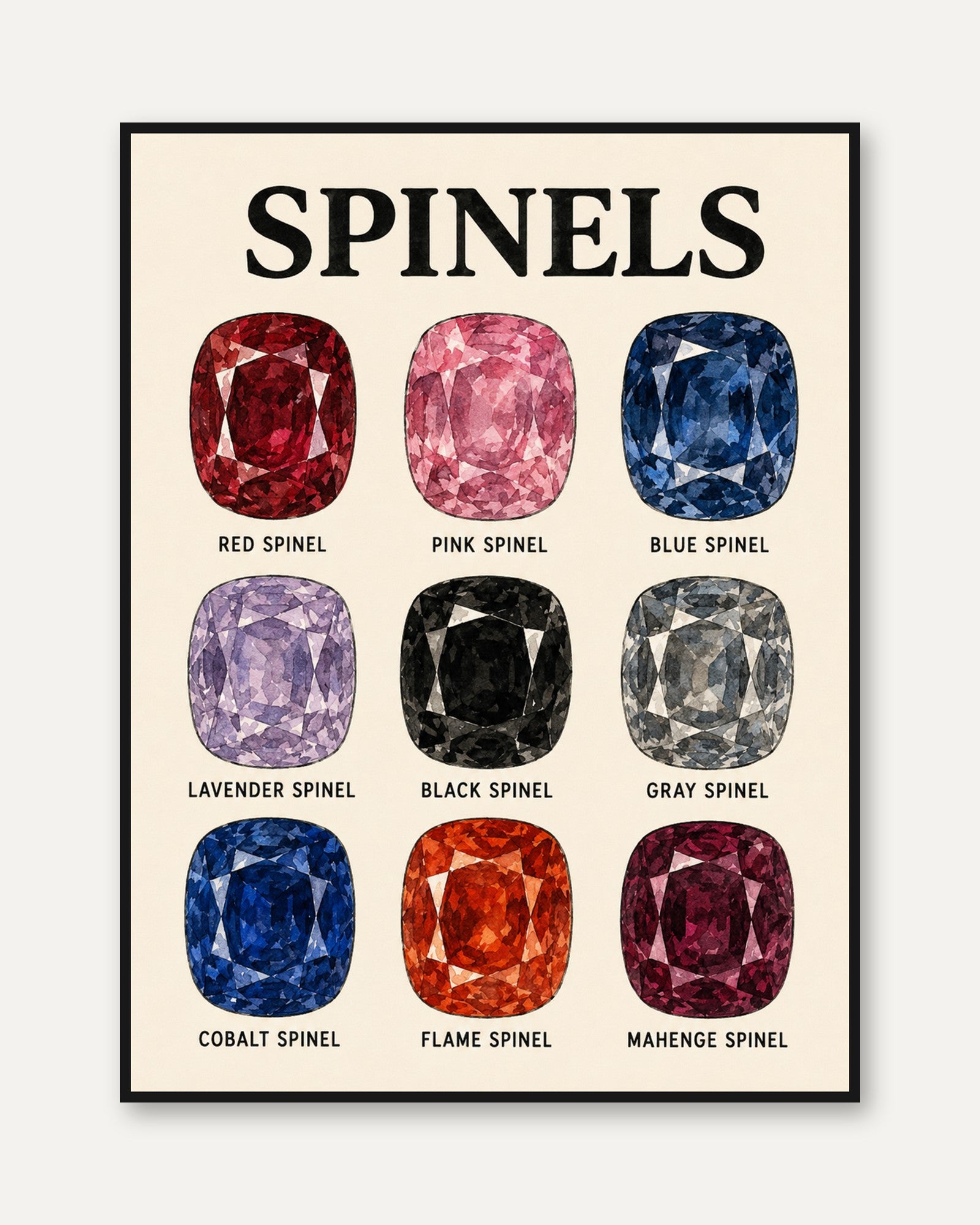 Spinel Gemstone Chart Art Print: Vintage Mineralogy Poster - framed