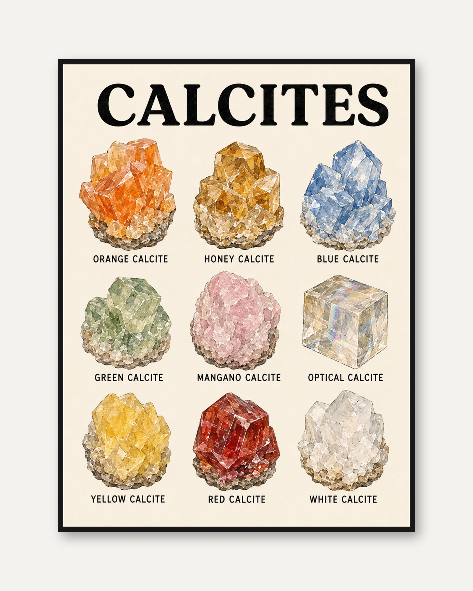 Calcite Mineral Chart Print — Watercolor Crystal Illustration - framed