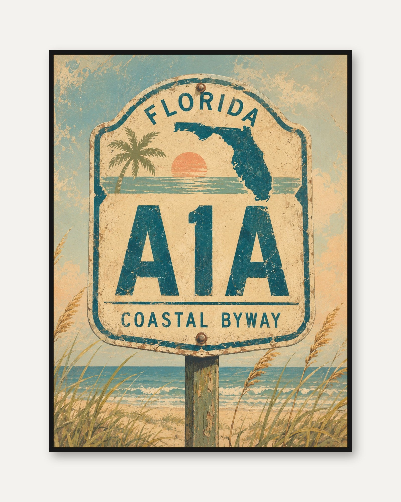 Florida Travel Poster – A1A Coastal Byway Print - framed