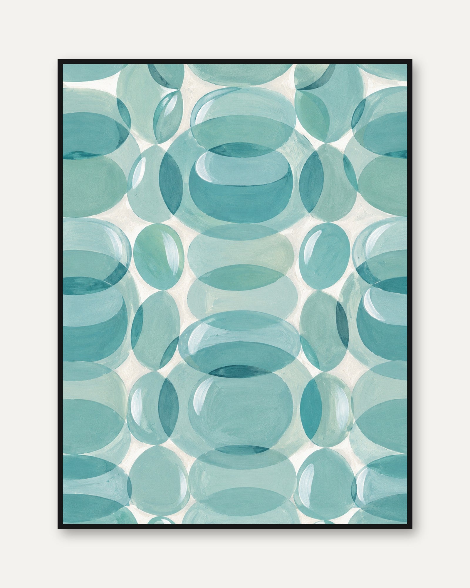 Mid-Century Modern Teal Ovals Art Print: Abstract Geometric Design - framed