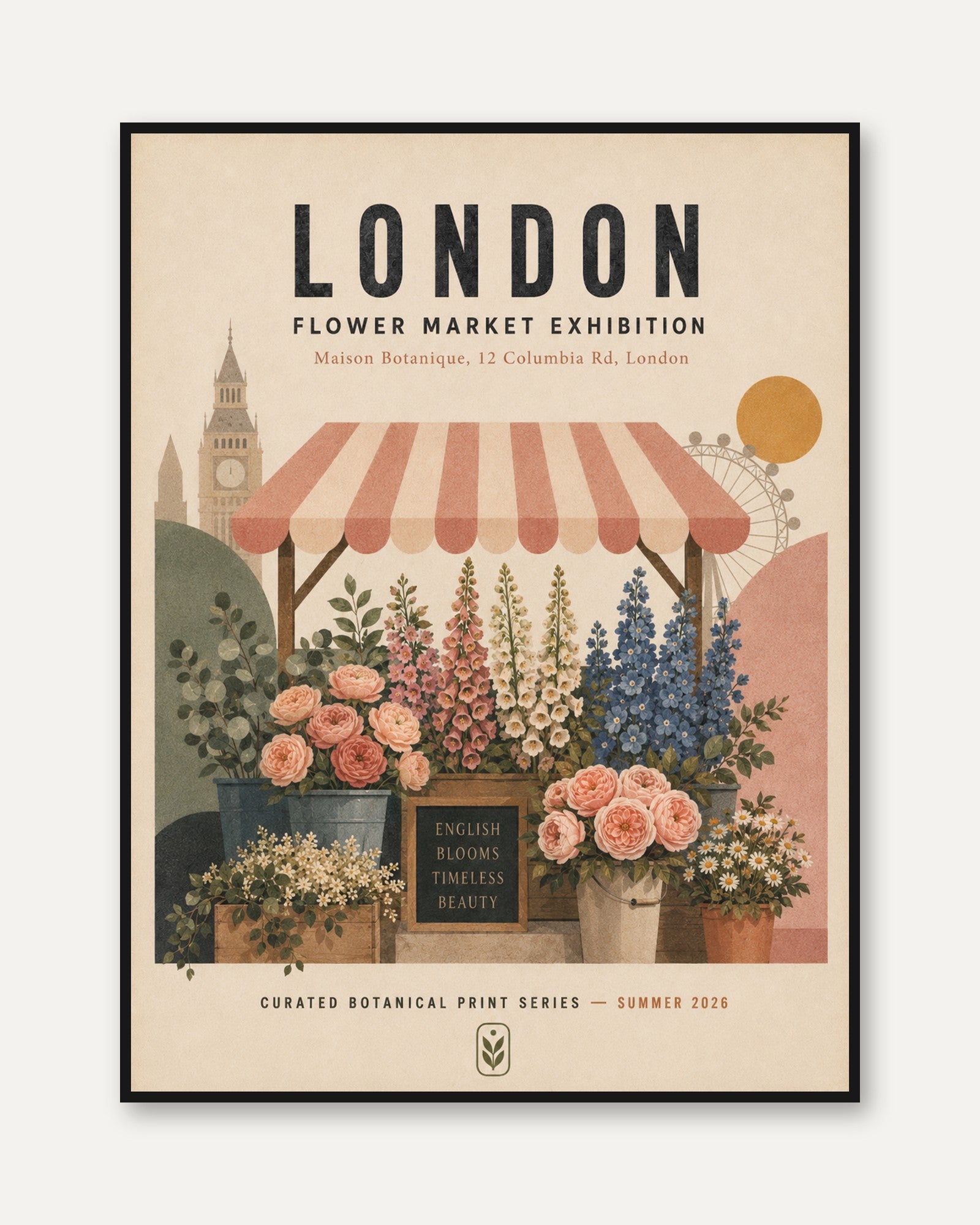London Flower Market Print — Vintage Botanical Travel Poster - framed