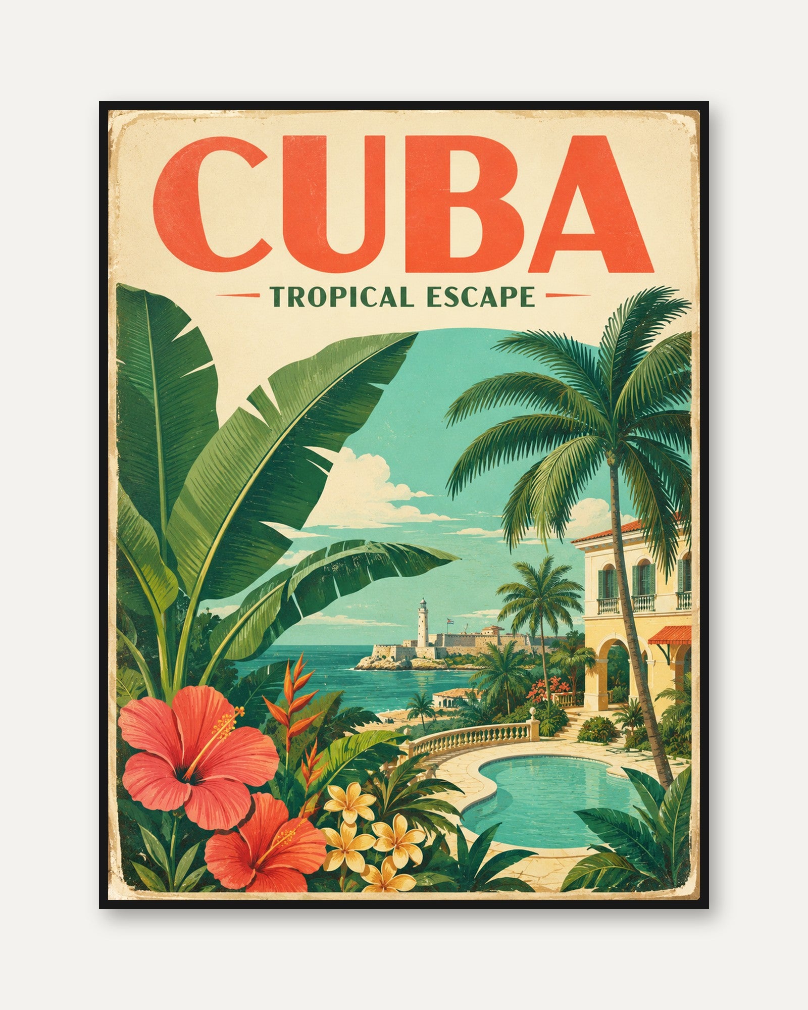 Cuba Travel Poster – Vintage Tropical Wall Art - framed