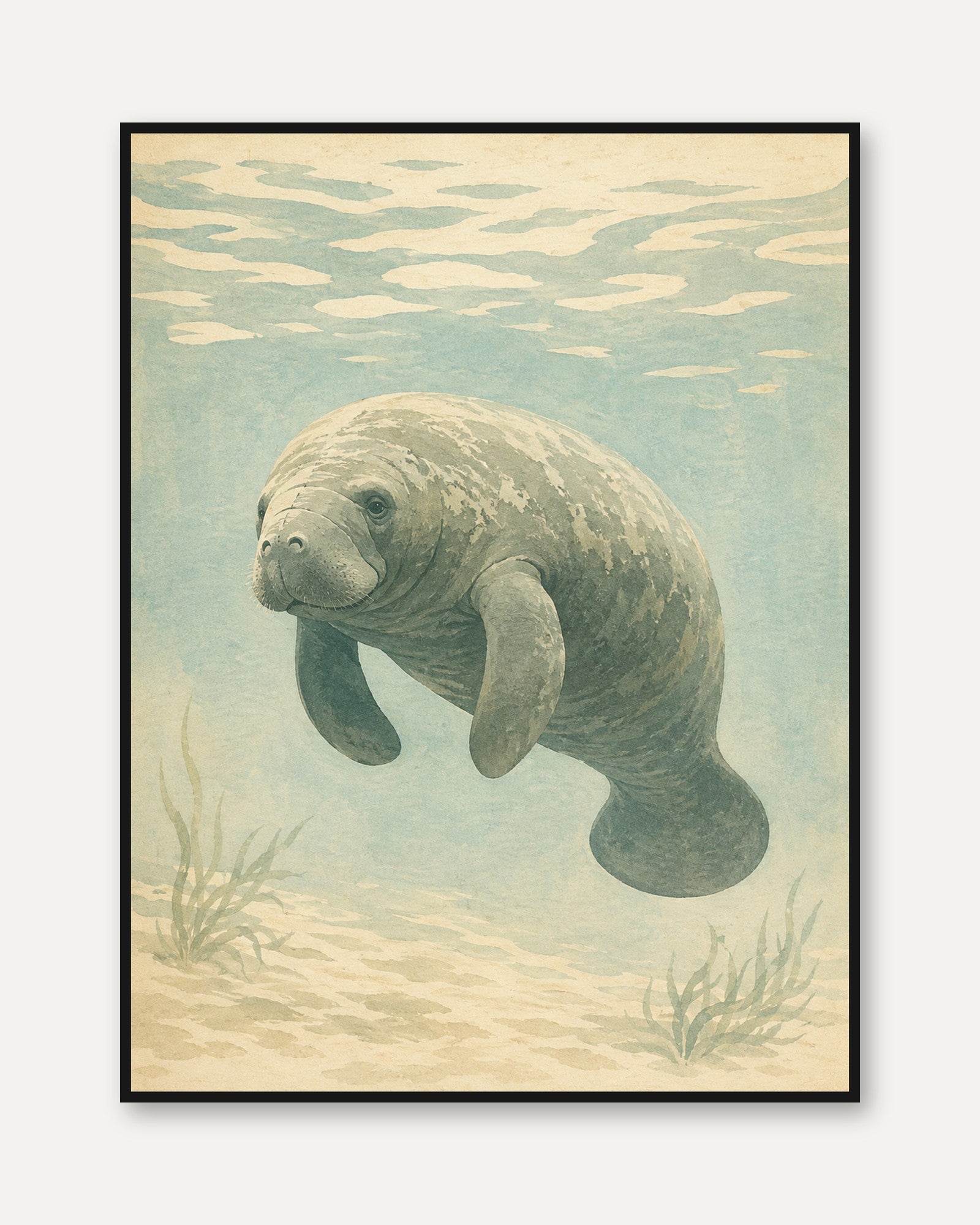 Manatee Underwater Art Print: Vintage Watercolor Marine Life - framed