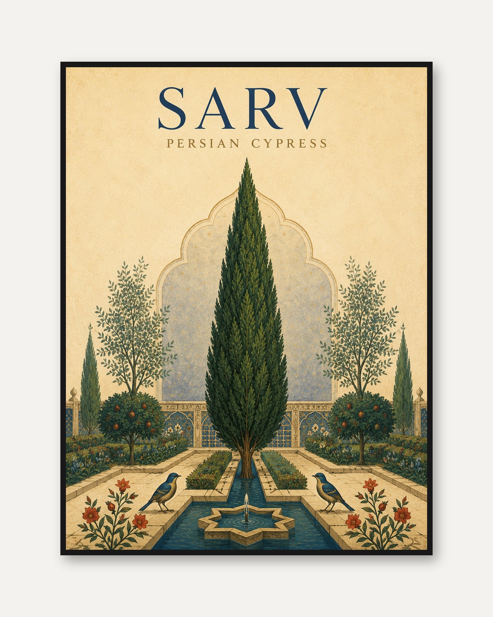 Persian Garden Poster – Cypress Tree Wall Art - framed