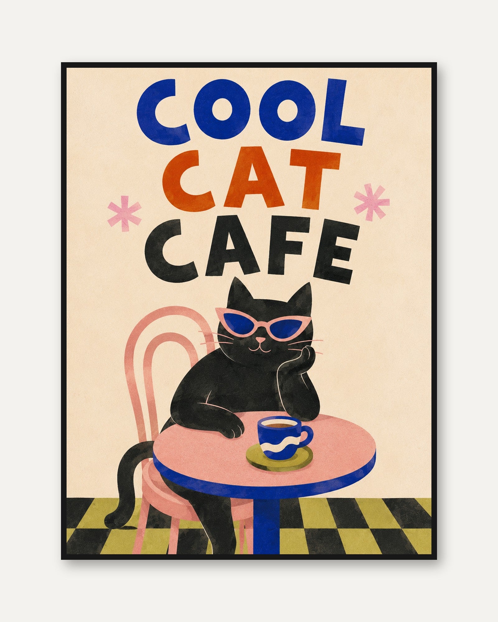 Cat Cafe Wall Art – Retro Black Cat Print - framed
