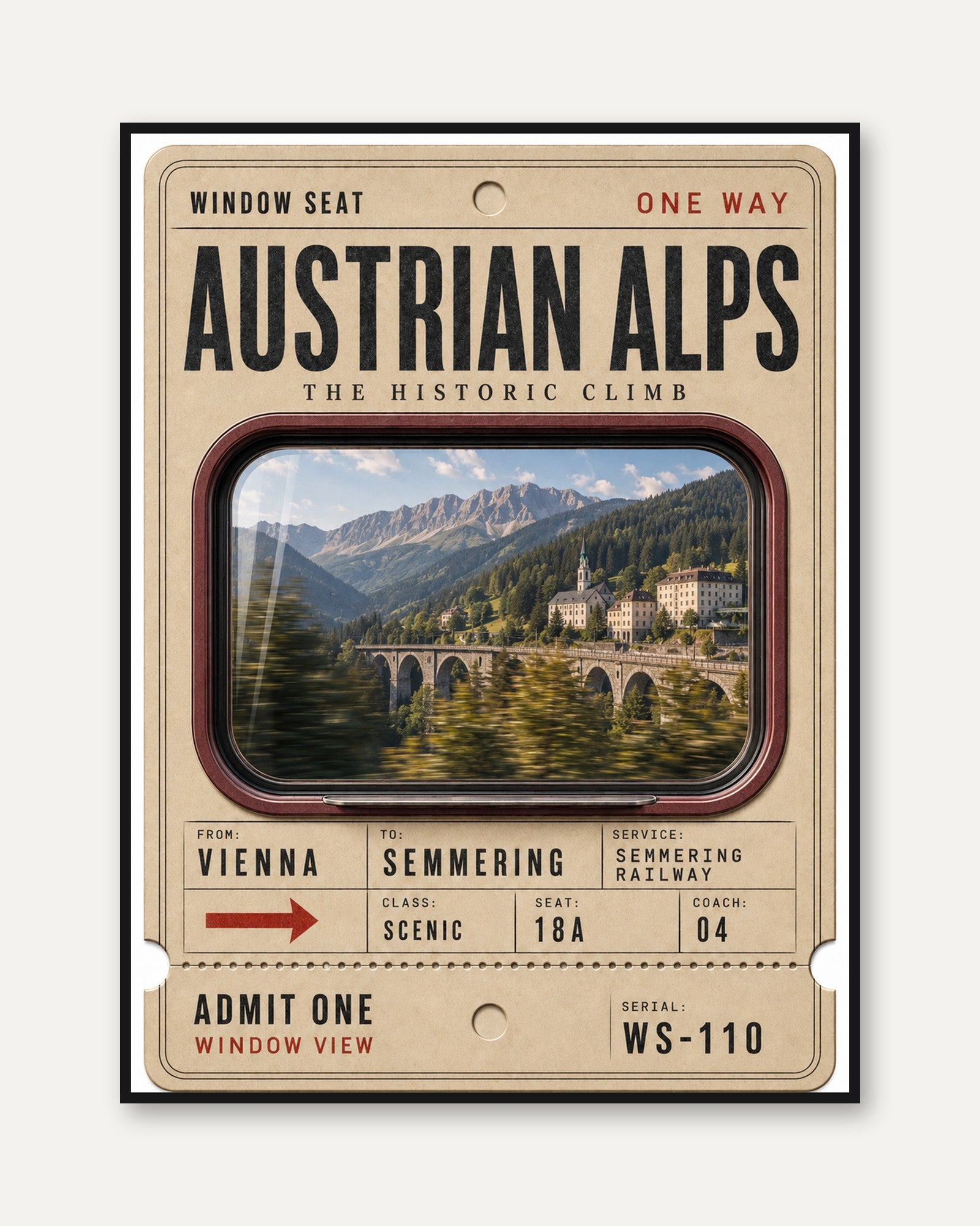 Vintage Train Ticket Poster – Austrian Alps Print - framed