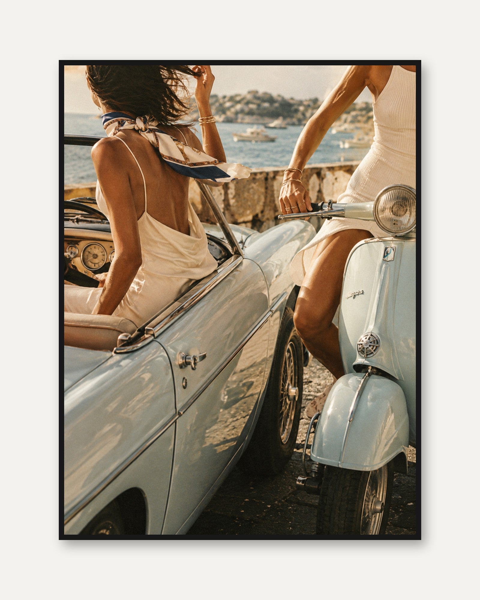 Coastal Summer Lifestyle Art Print: Vintage Car and Vespa Scene - framed