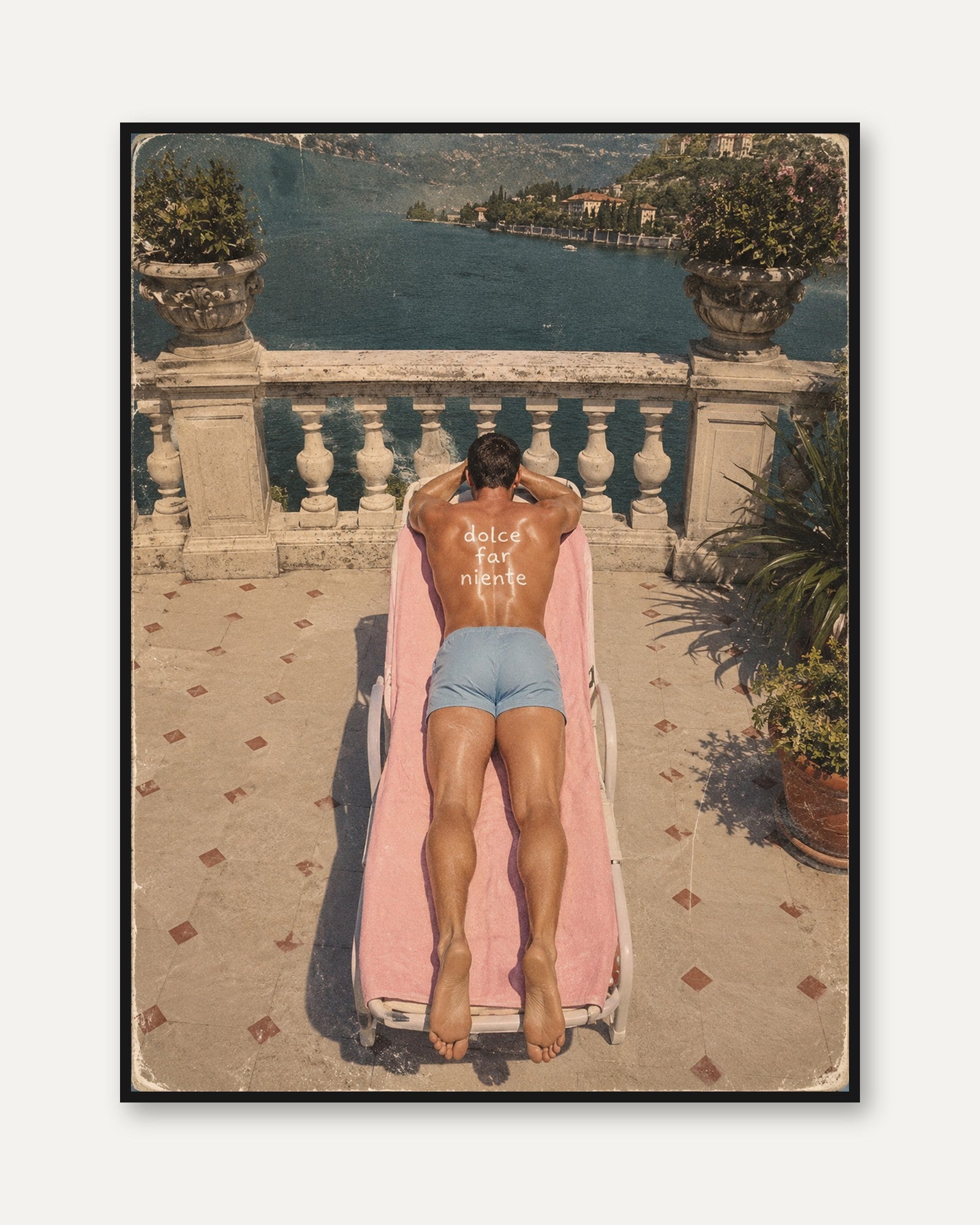 Sunbathing Wall Art – Vintage Italian Lake Print - framed