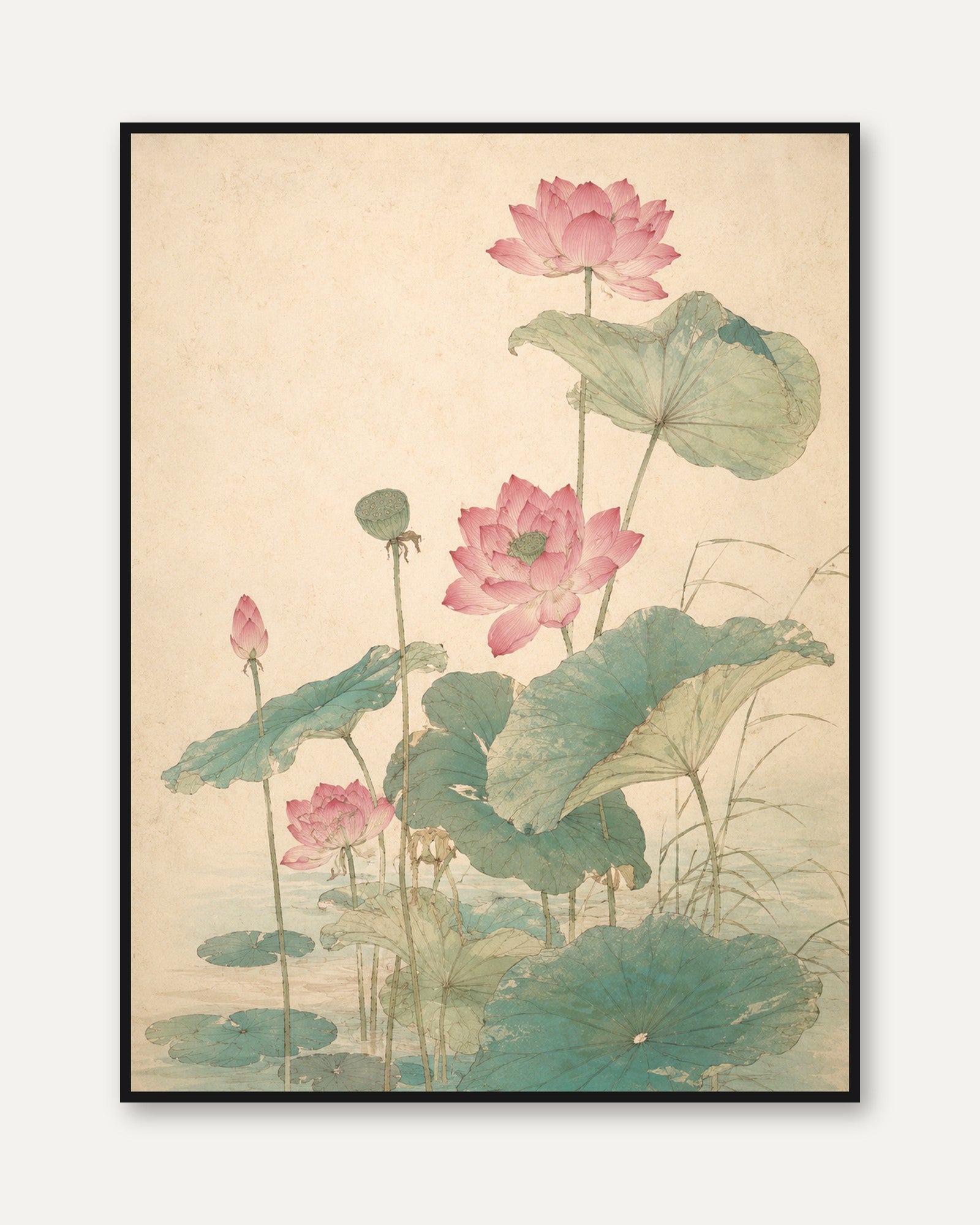 Pink Lotus Botanical Print: Vintage Japanese Watercolor Art - framed
