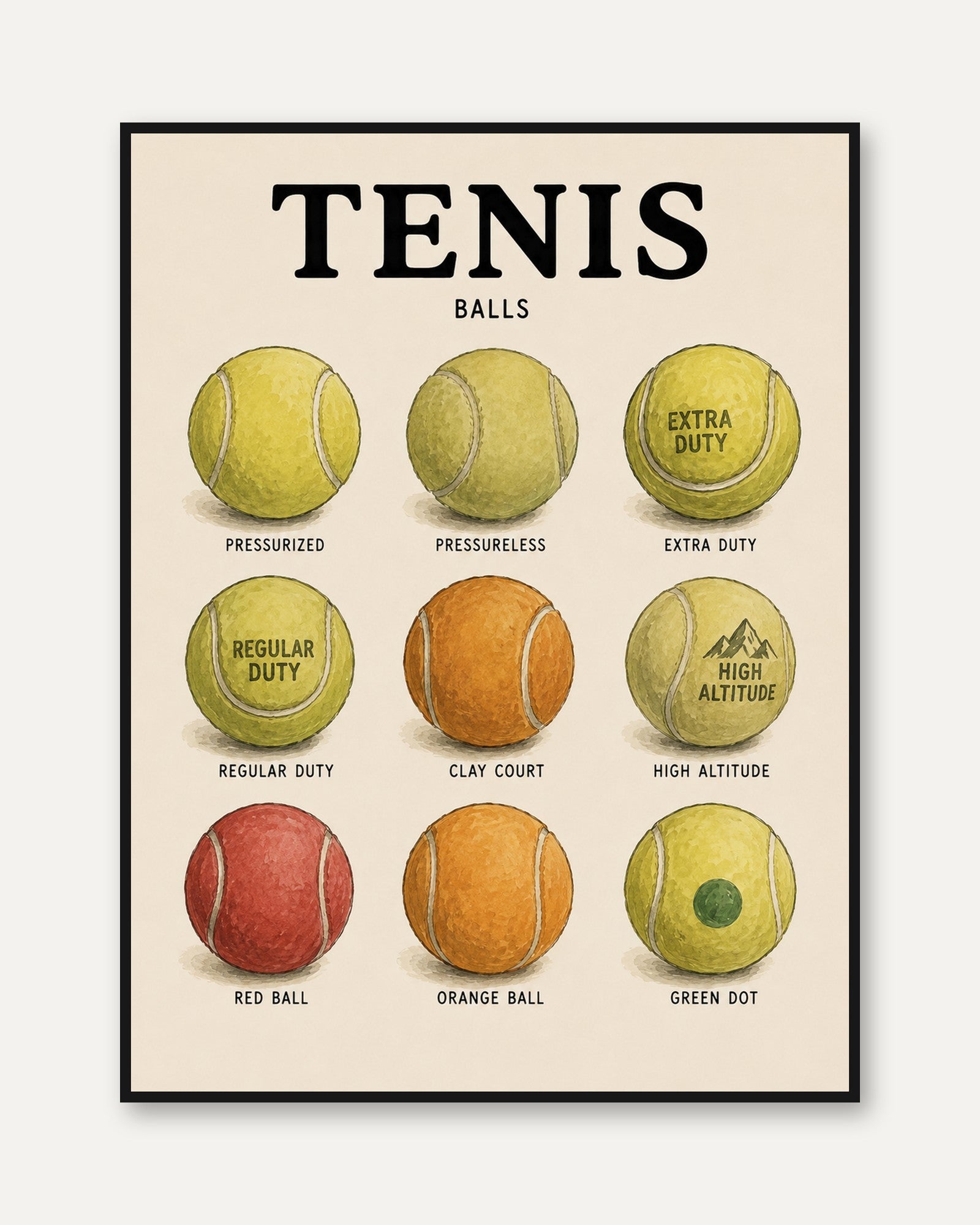 Tennis Balls Guide Print — Vintage Educational Chart - framed