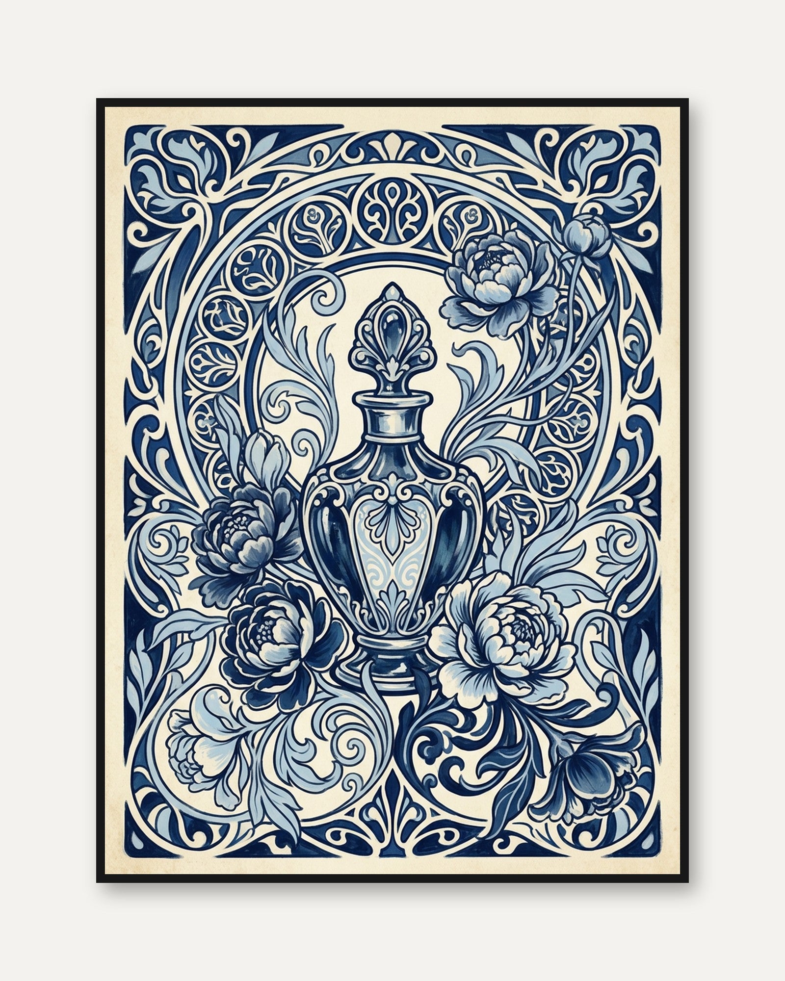 Blue and White Porcelain Print — Ornate Fleur-de-lis Vase - framed